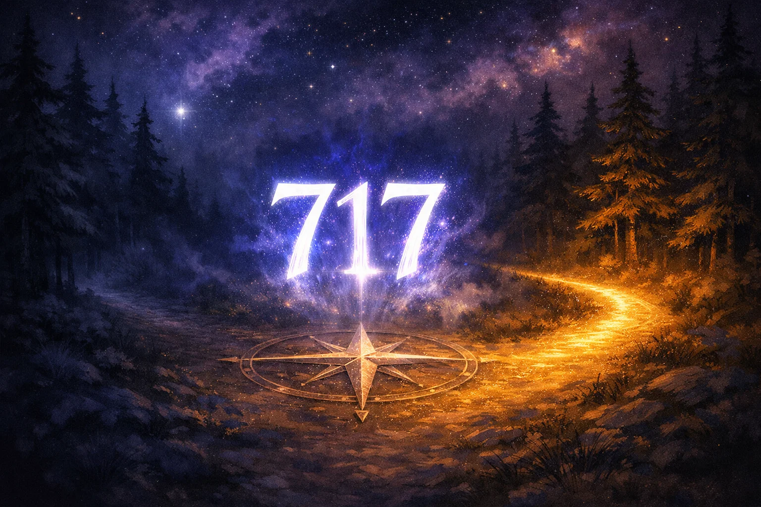 Angel number 717 glowing above a forking woodland path with one road lit gold, a compass rose etched beneath the numerals