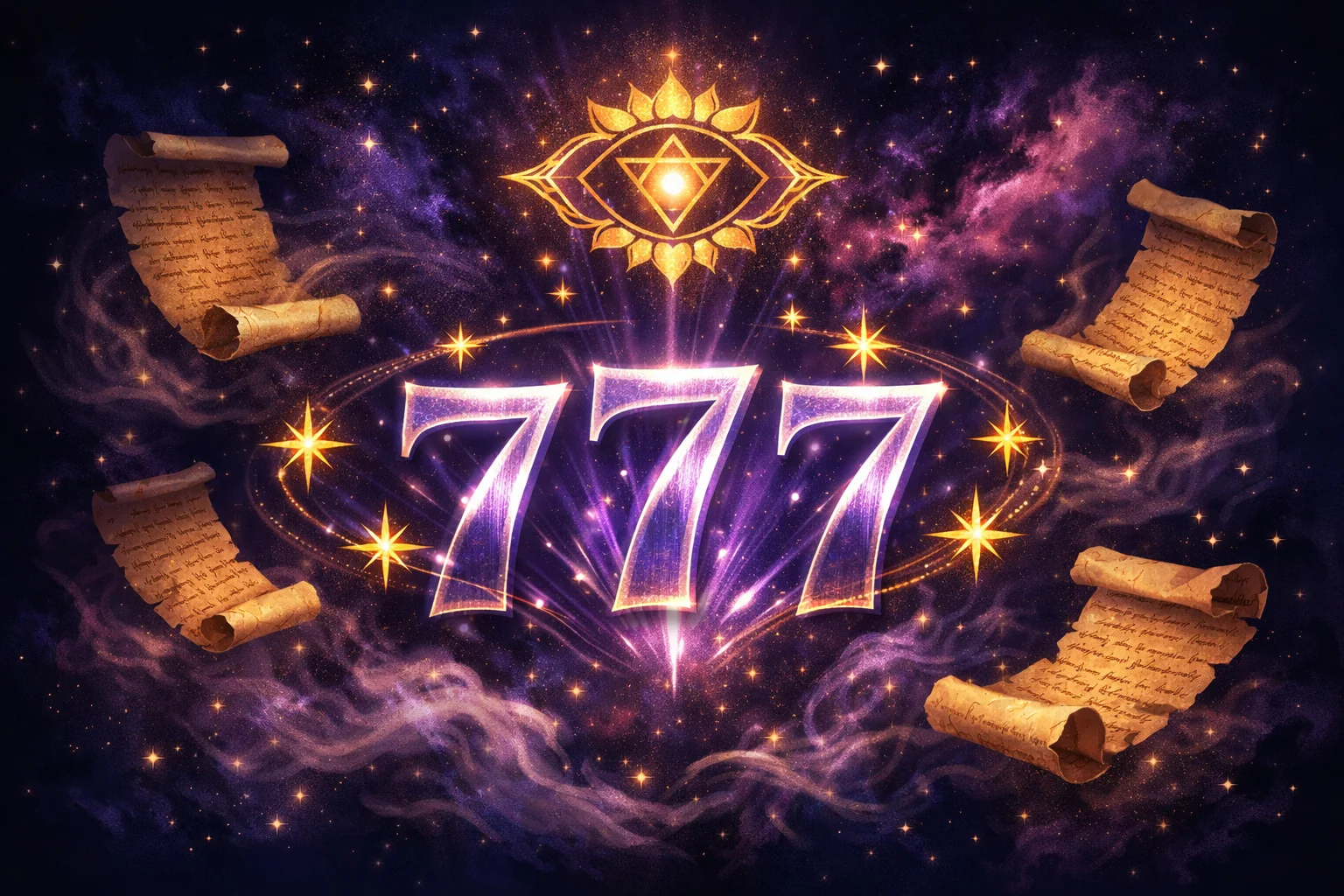 Angel number 777 radiating deep violet and silver light against a cosmic nebula, with seven-pointed stars and a third-eye symbol representing divine wisdom and spiritual awakening