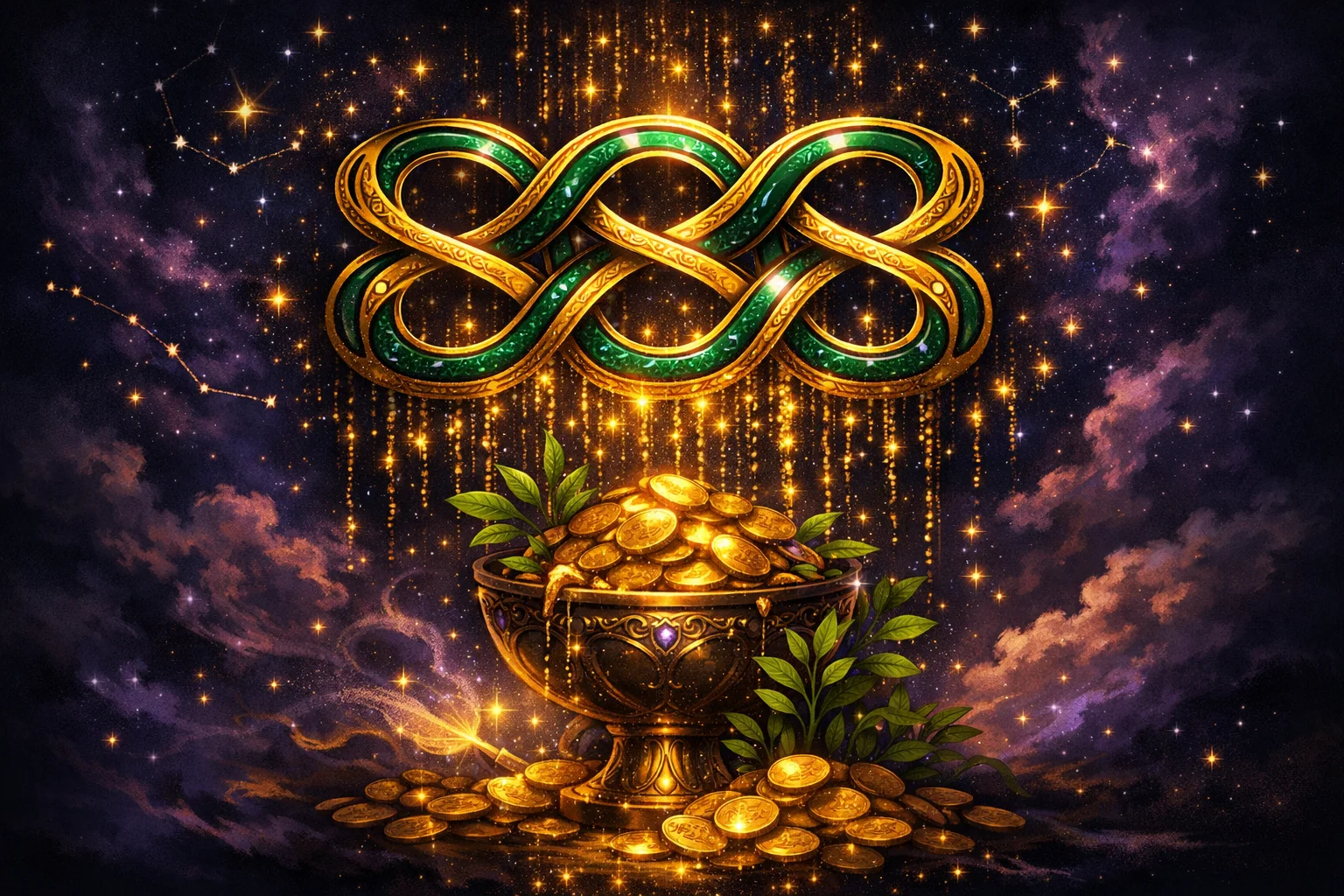 The 888 angel number formed by three golden infinity symbols against a warm sunrise sky with cascading gold particles and emerald green abundance symbols representing financial prosperity and karmic rewards