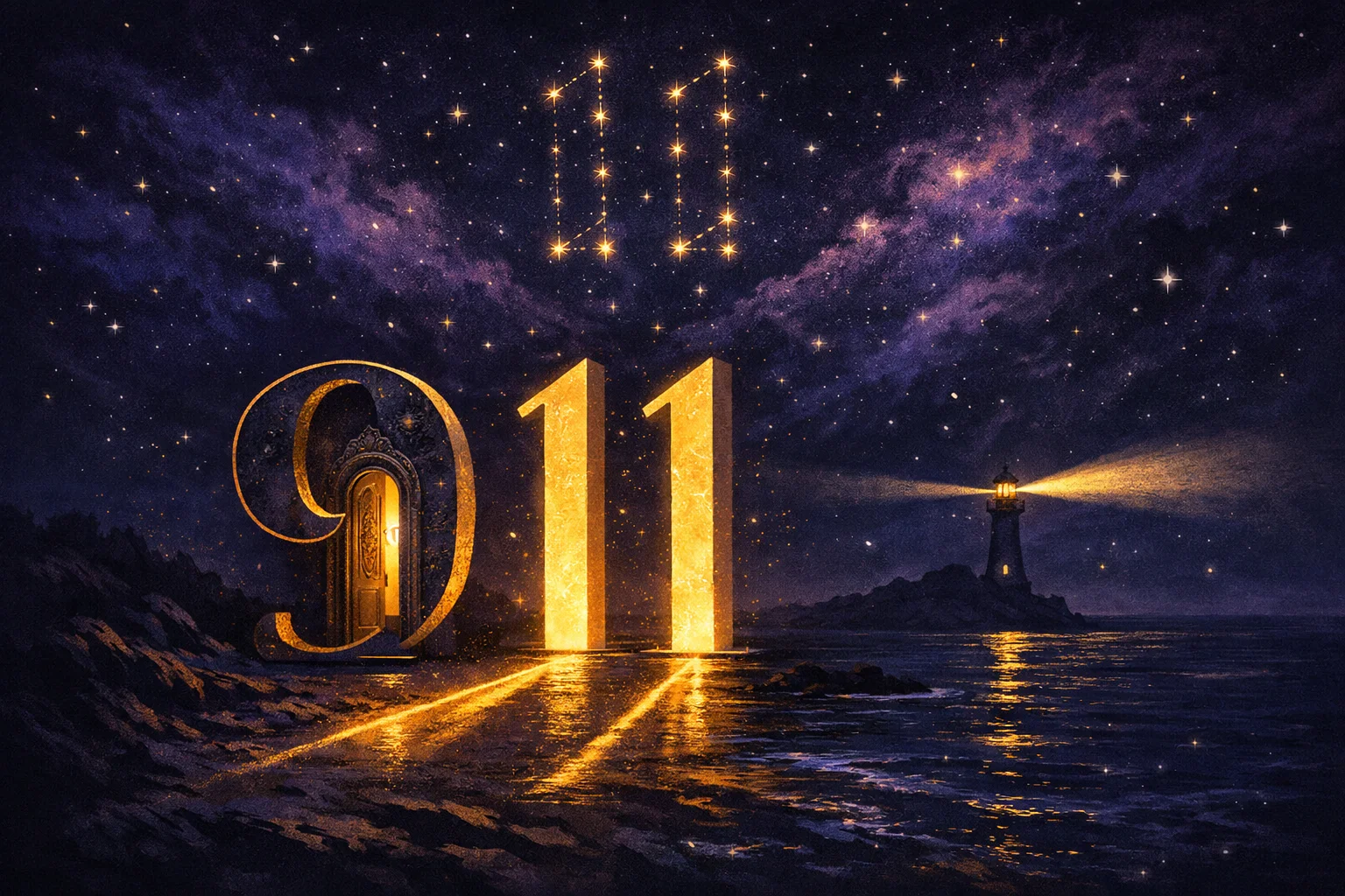 Angel number 911 as a lit threshold on a dark shore, a door closing behind the nine and two paths of gold light opening ahead