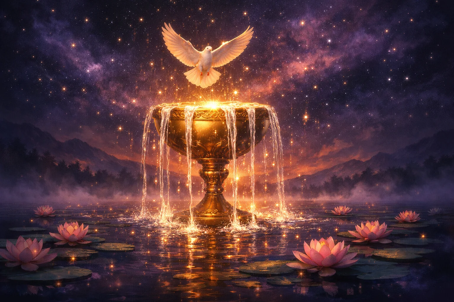 Ace of Cups tarot card meaning: a hand from a cloud offers an overflowing golden chalice above a lotus-covered lake