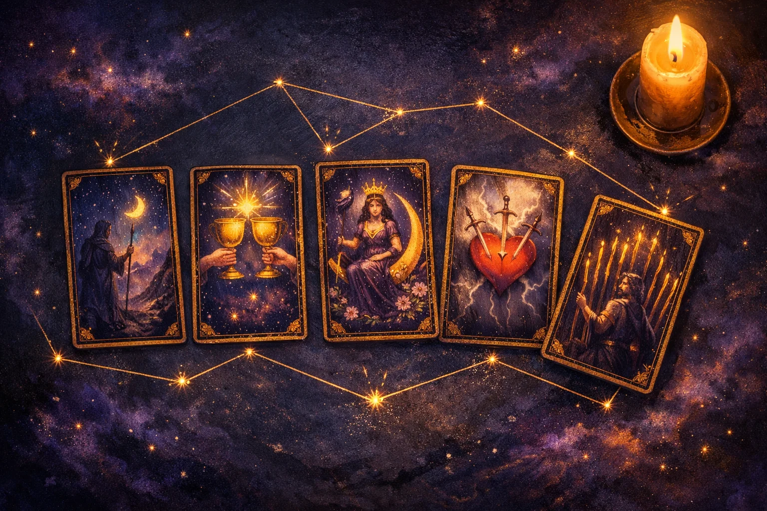 AI tarot reading — five cards in a row on dark slate with gold lines connecting matching numbers and suits