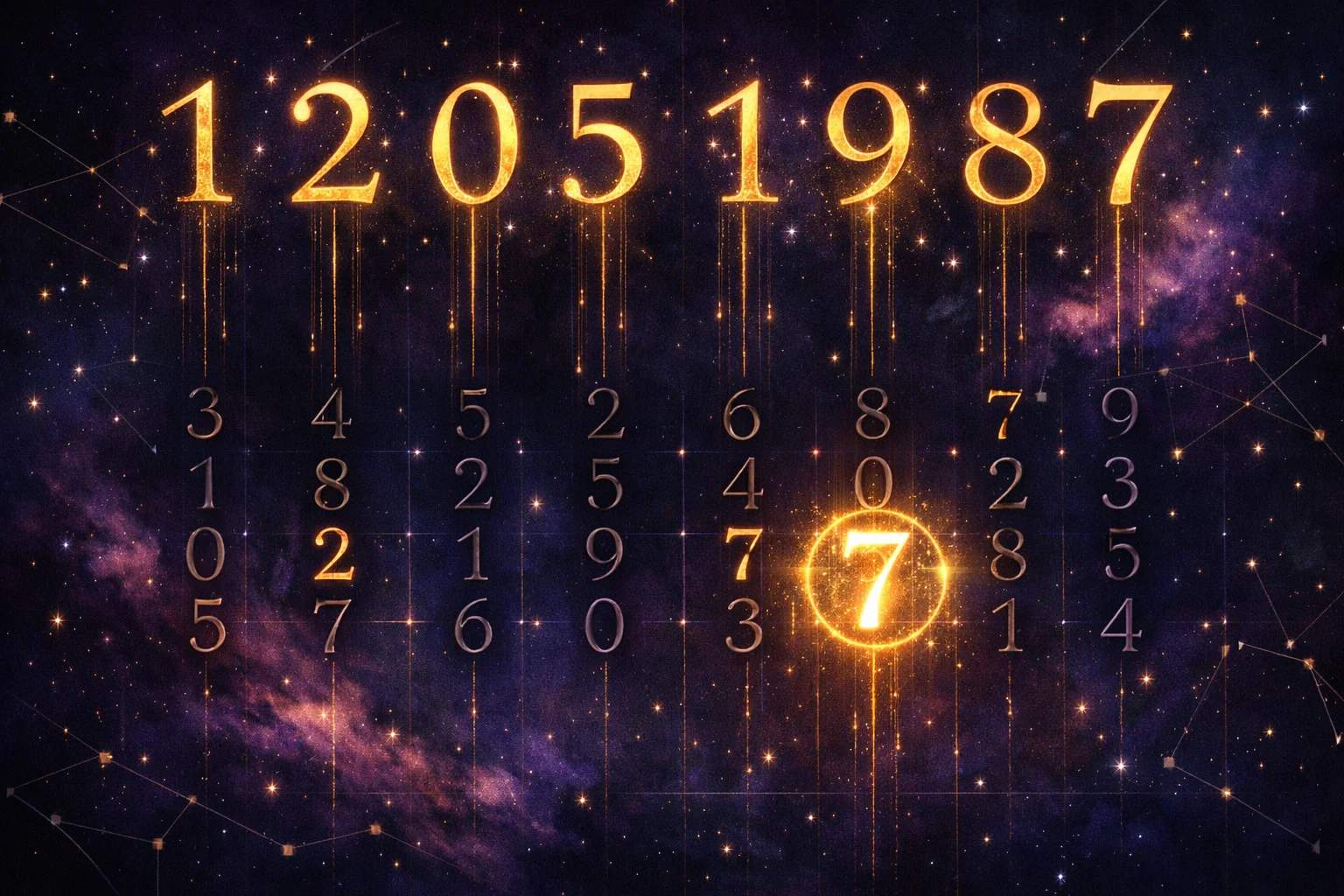 Angel number calculator diagram showing a birth date broken into digit counts with one number glowing and four missing