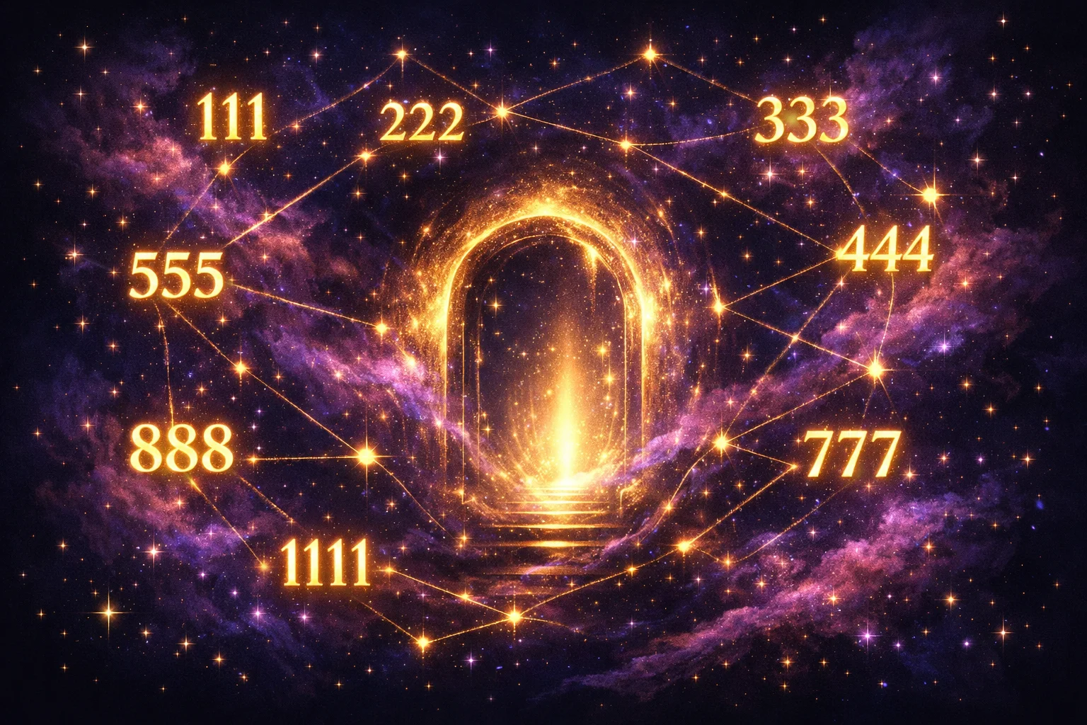 Complete guide to angel number meanings showing glowing numerals 111, 222, 333, 444, 555, 777, 888, and 1111 connected by golden light streams in a cosmic setting