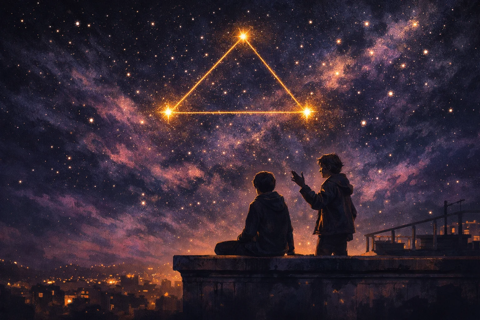 Aquarius and Gemini compatibility illustrated by two figures on a rooftop beneath a star map linked by a trine of light