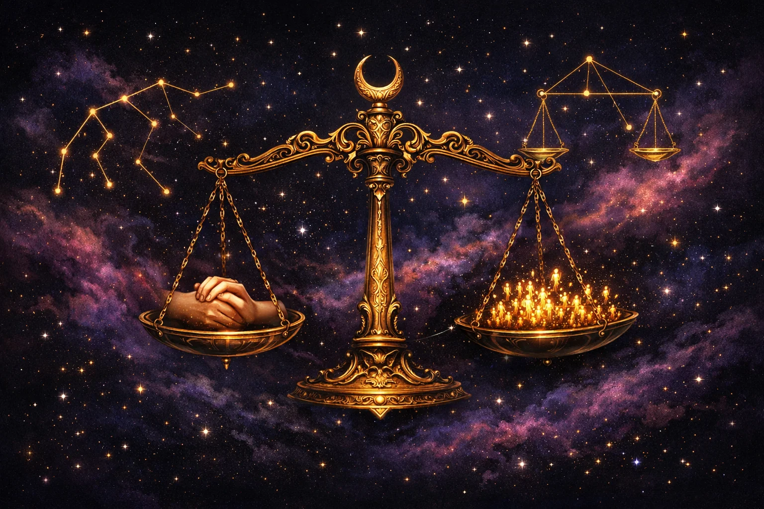 Aquarius and Libra compatibility as a golden balance scale weighing clasped hands against a crowd of distant figures