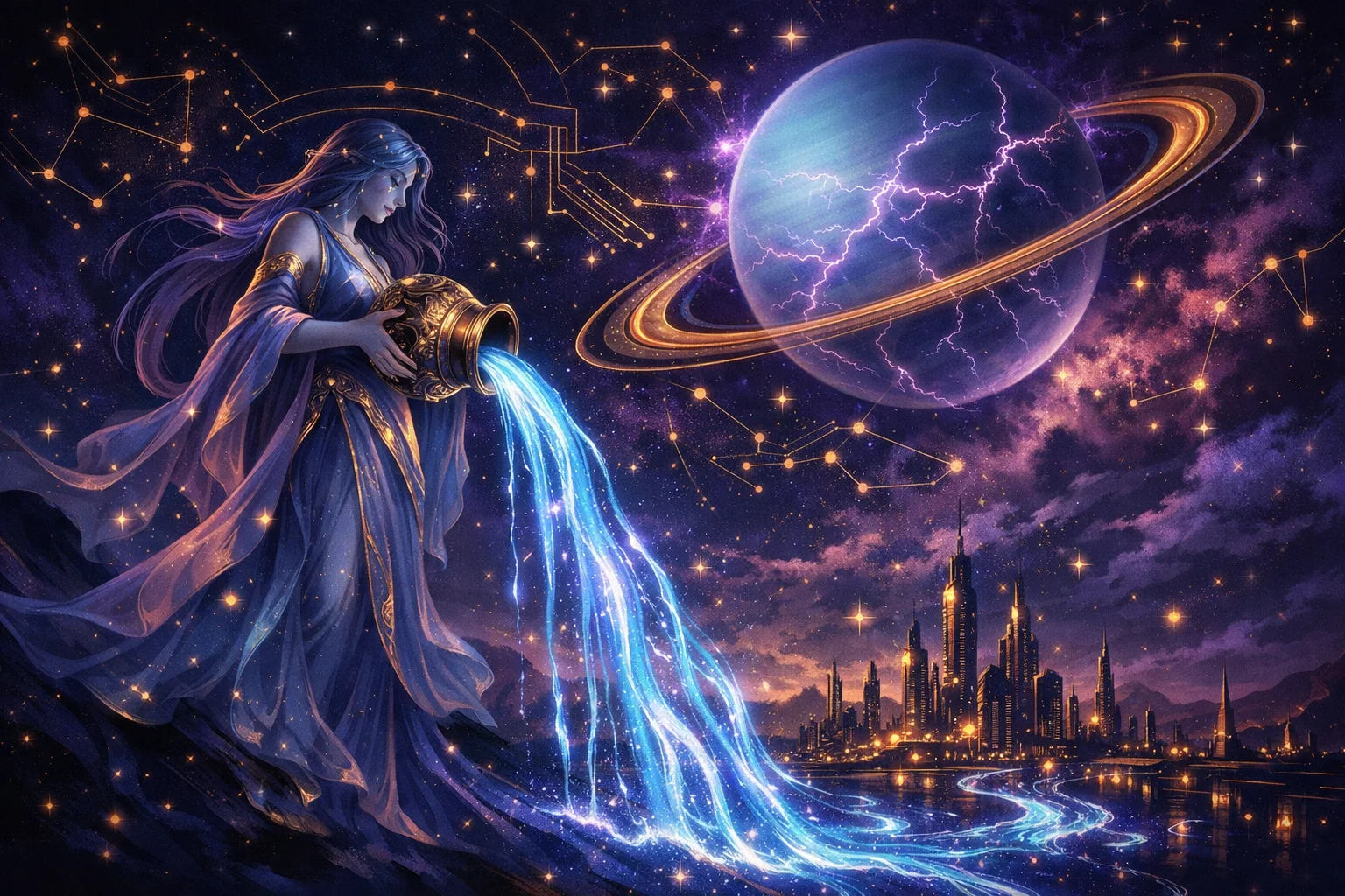 Aquarius daily horoscope illustration with luminous water-bearer pouring electric blue light across a cosmic cityscape and Uranus overhead