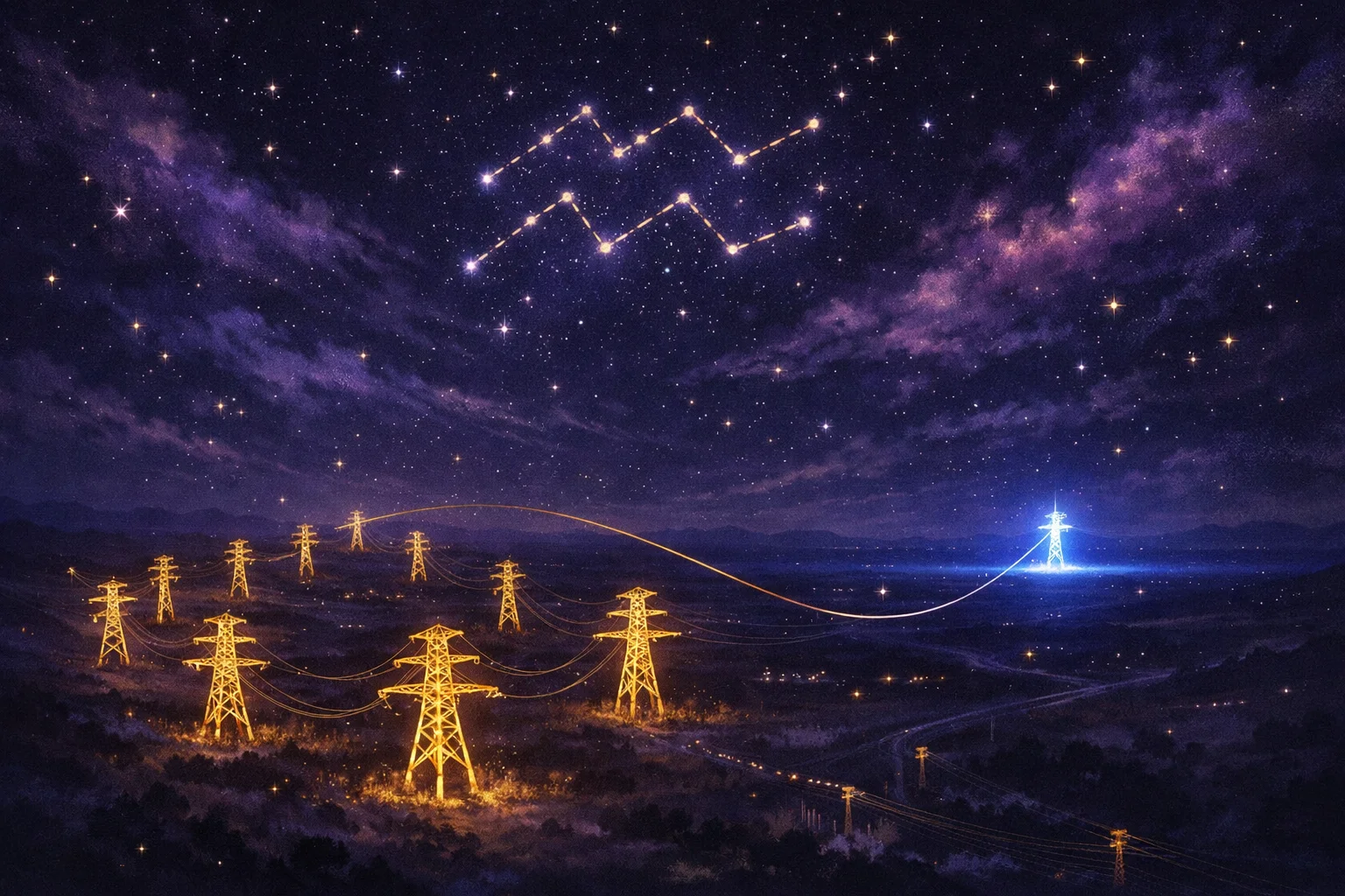Aquarius love horoscope: a night-time transmission grid with eleven gold pylons and one distant blue-white one