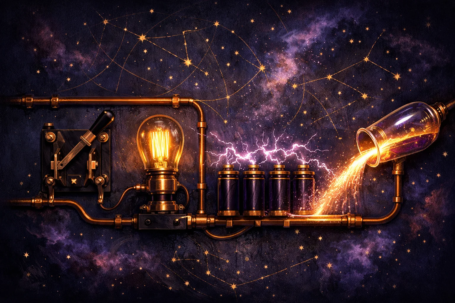 Aquarius man symbolism: a copper supply rail, an open knife switch and one steady lamp in a cold blue workshop