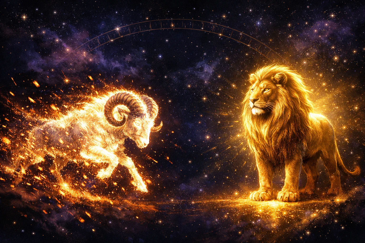 Aries and Leo compatibility shown as a sparking ram charging past a still golden lion in shared firelight