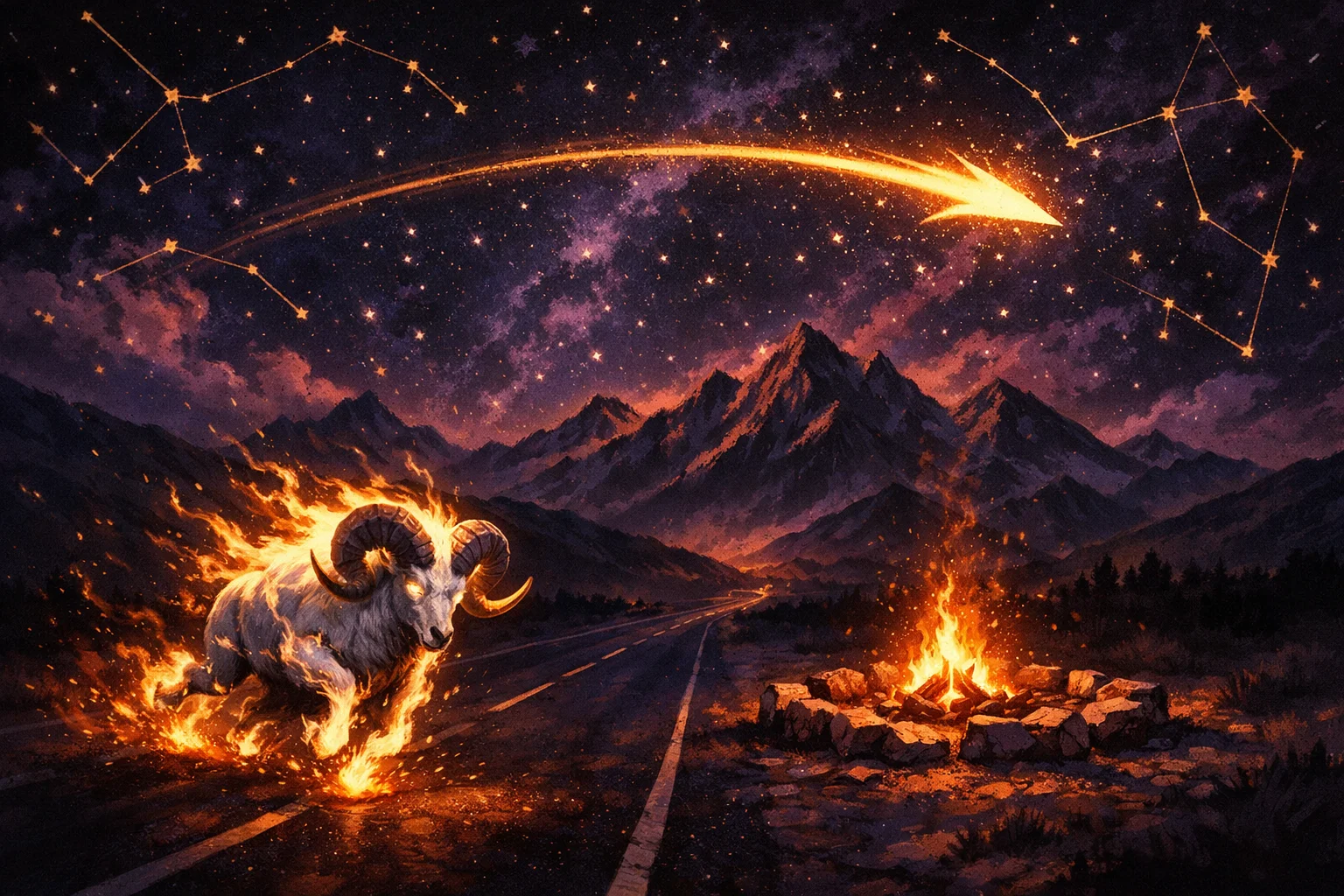 Aries and Sagittarius compatibility shown as a charging ram and a distant arrow with an unattended fire burning between them