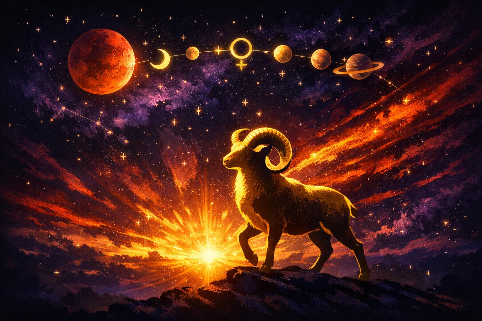 Aries daily horoscope illustration with golden ram silhouette against a dynamic sunrise with Mars and planetary alignment symbols