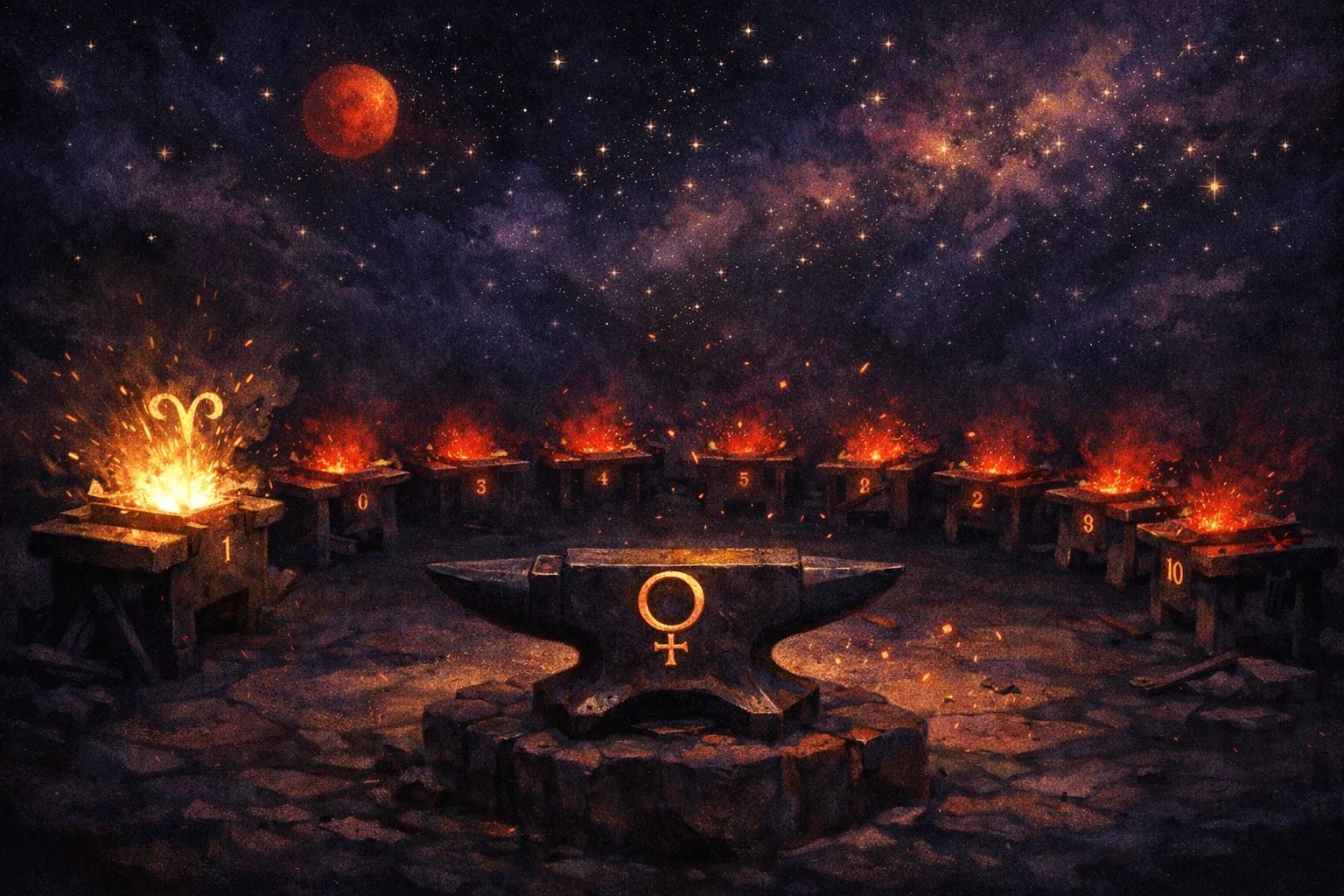 Aries love horoscope forge with twelve stations ringing an anvil, the first glowing at the ram's mark