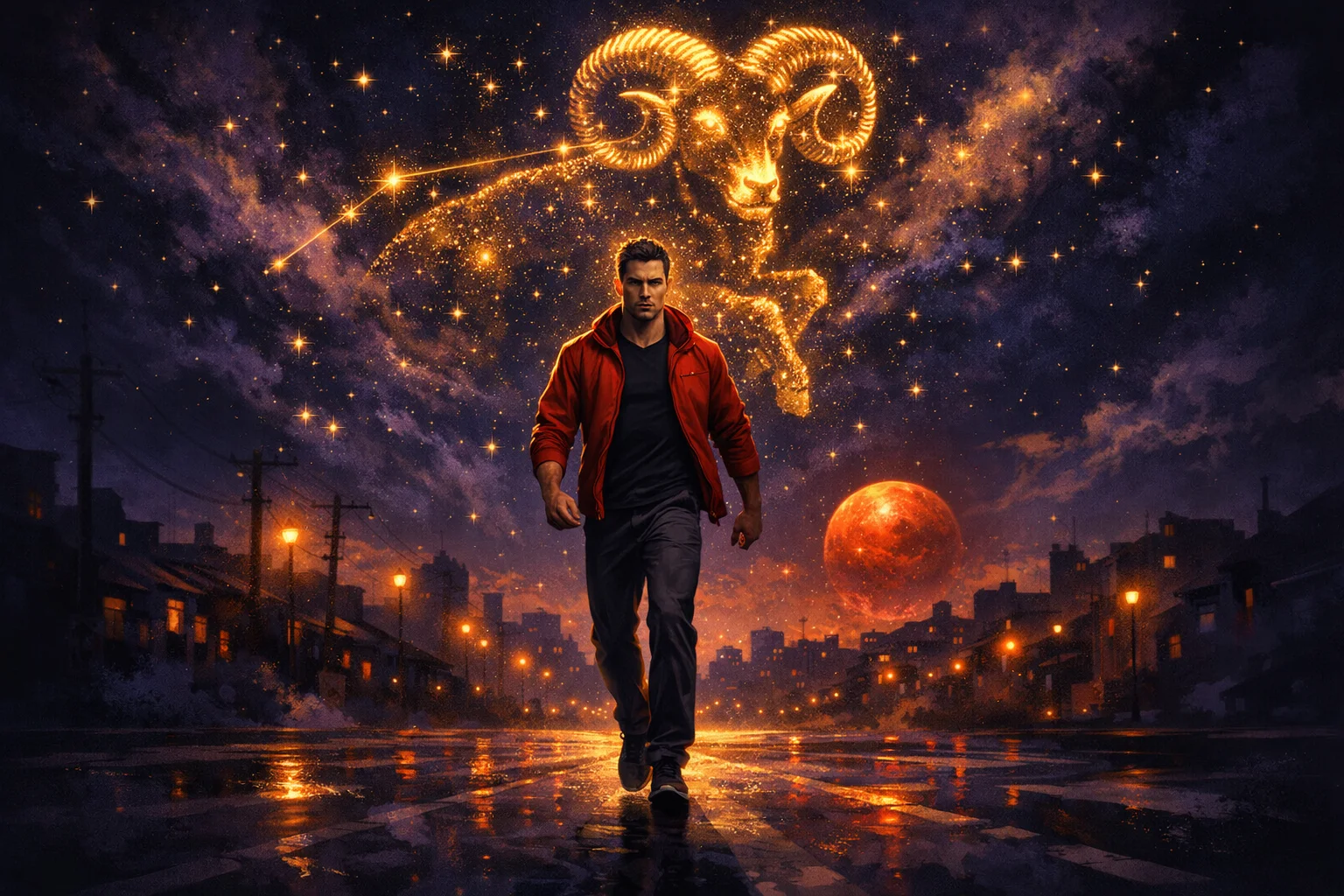 Aries man personality illustration: a driven man striding through a dawn city under the Aries constellation and red Mars