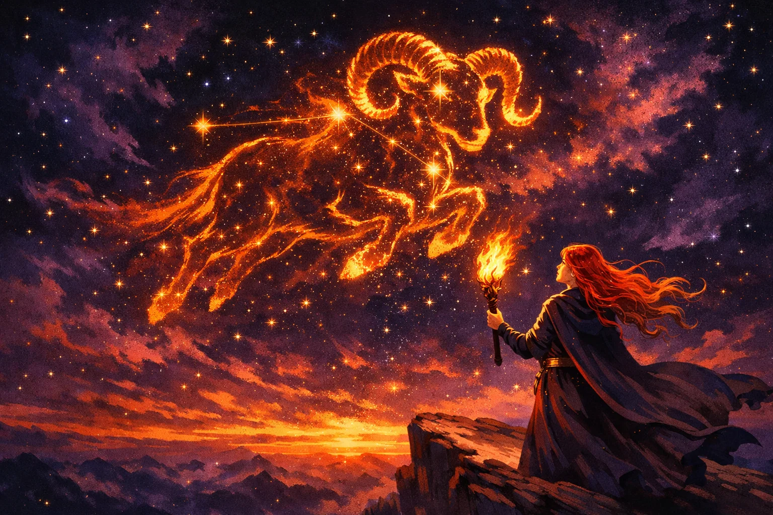Aries woman personality illustration: a fiery-haired woman with a torch on a cliff under the Aries ram constellation