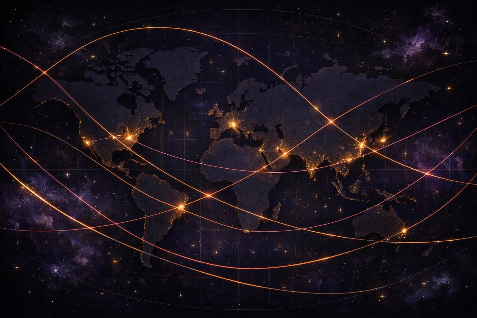 Astrocartography map with gold and rose planetary lines curving across a dark indigo world map of the continents