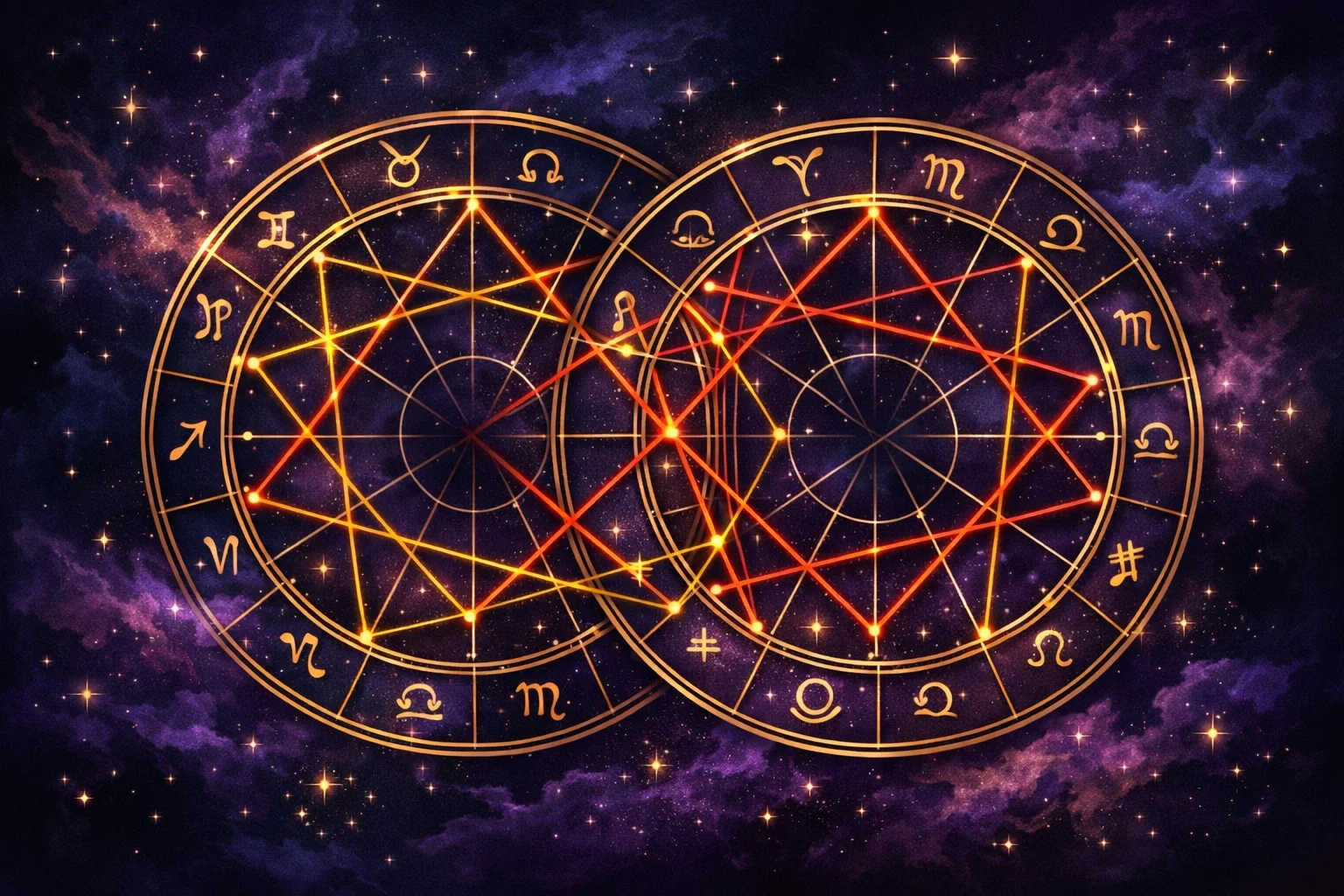 Astrology compatibility explained through two overlapping birth chart wheels connected by gold and red aspect lines