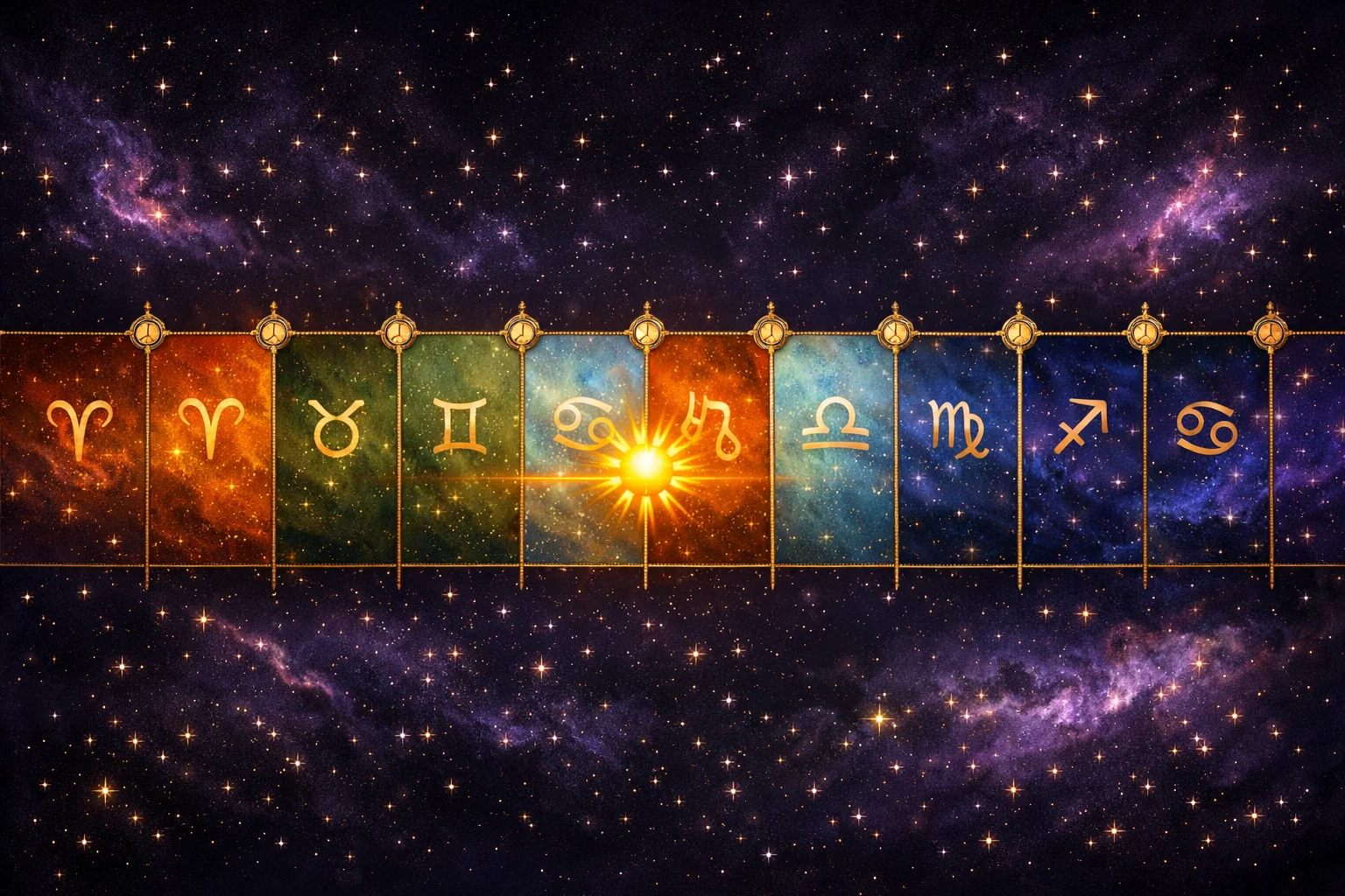 Astrology signs and dates calendar — January to December timeline of the twelve zodiac signs colour-coded by element