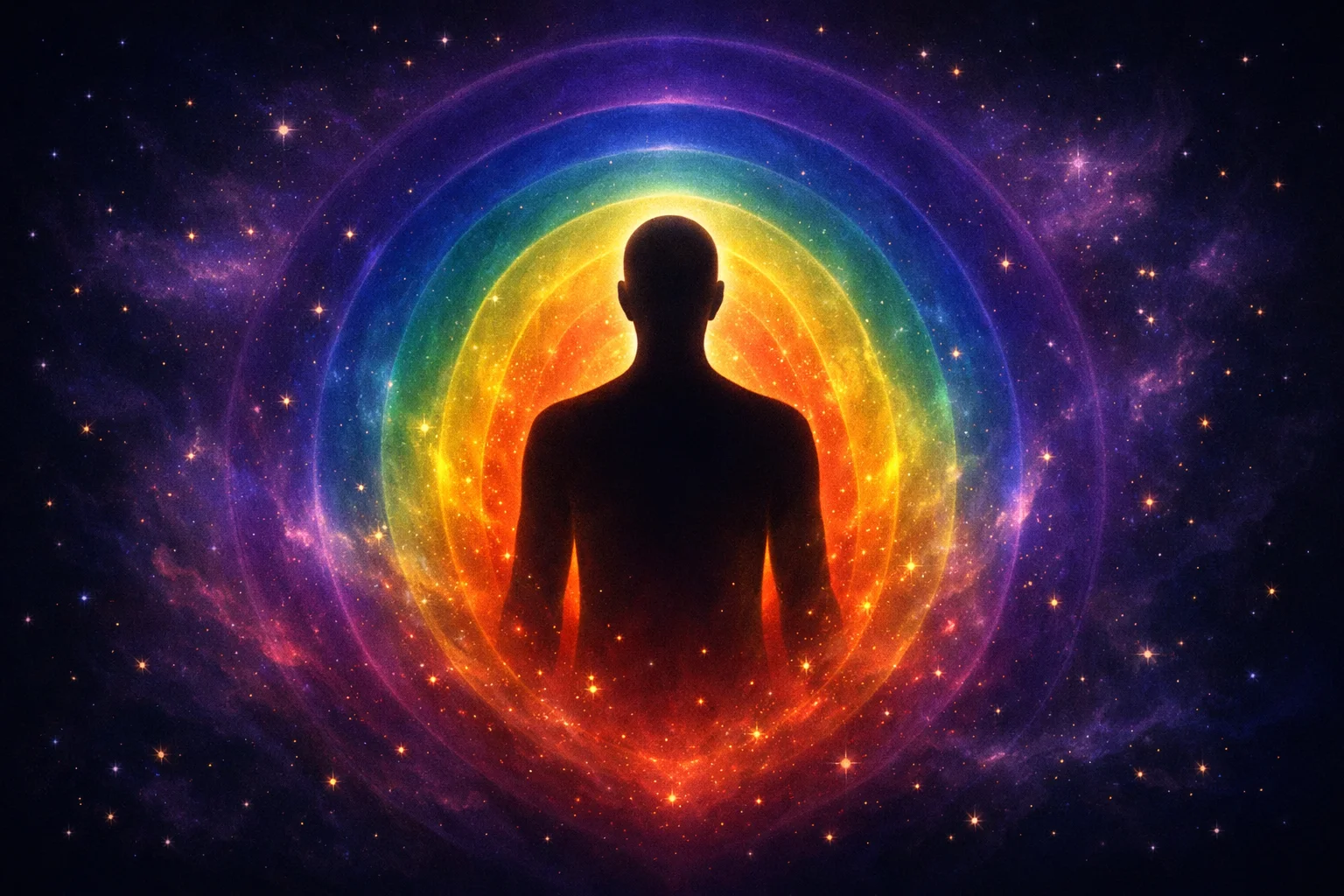Aura color quiz illustration of a silhouette ringed by rainbow aura bands from red to violet