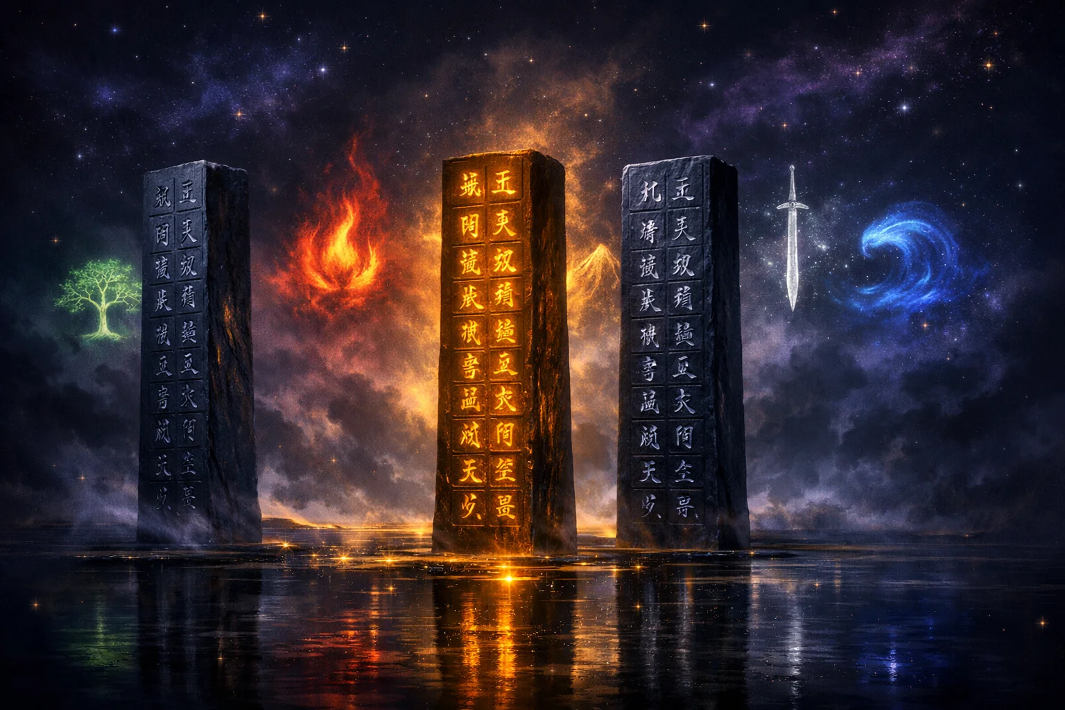 BaZi four pillars chart carved in dark slate, the day pillar lit gold to mark the Day Master