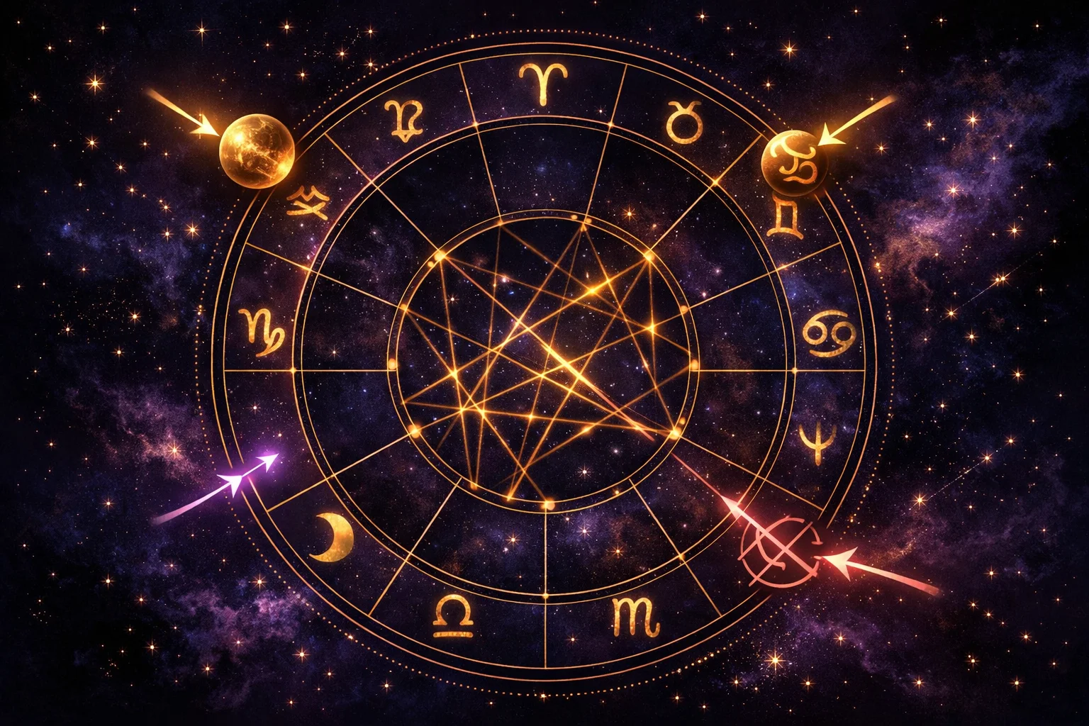 Annotated birth chart diagram with labeled planets, zodiac signs, houses, and golden aspect lines against an indigo cosmic background