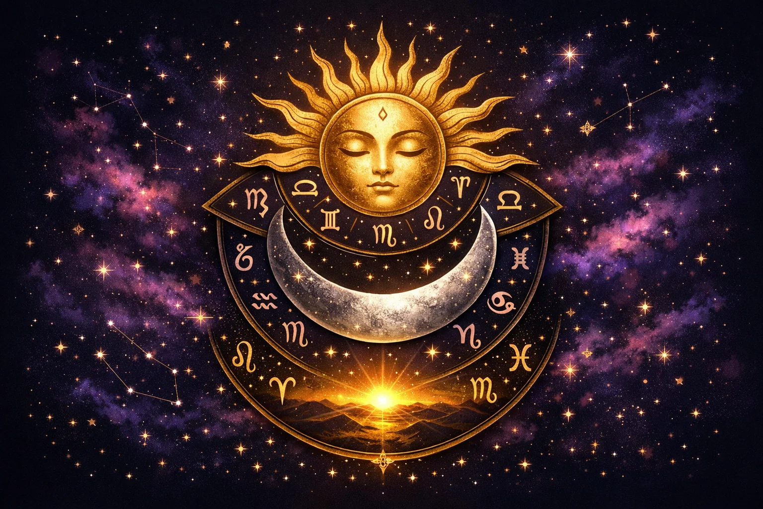 Sun moon rising calculator concept — golden sun, silver moon, and dawn horizon layered as the Big Three of a birth chart