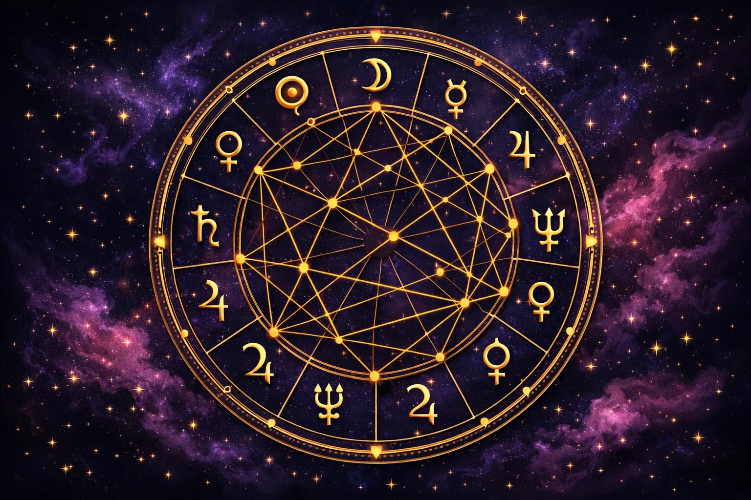 Circular natal birth chart diagram showing zodiac signs, house divisions, and planetary positions in gold and indigo
