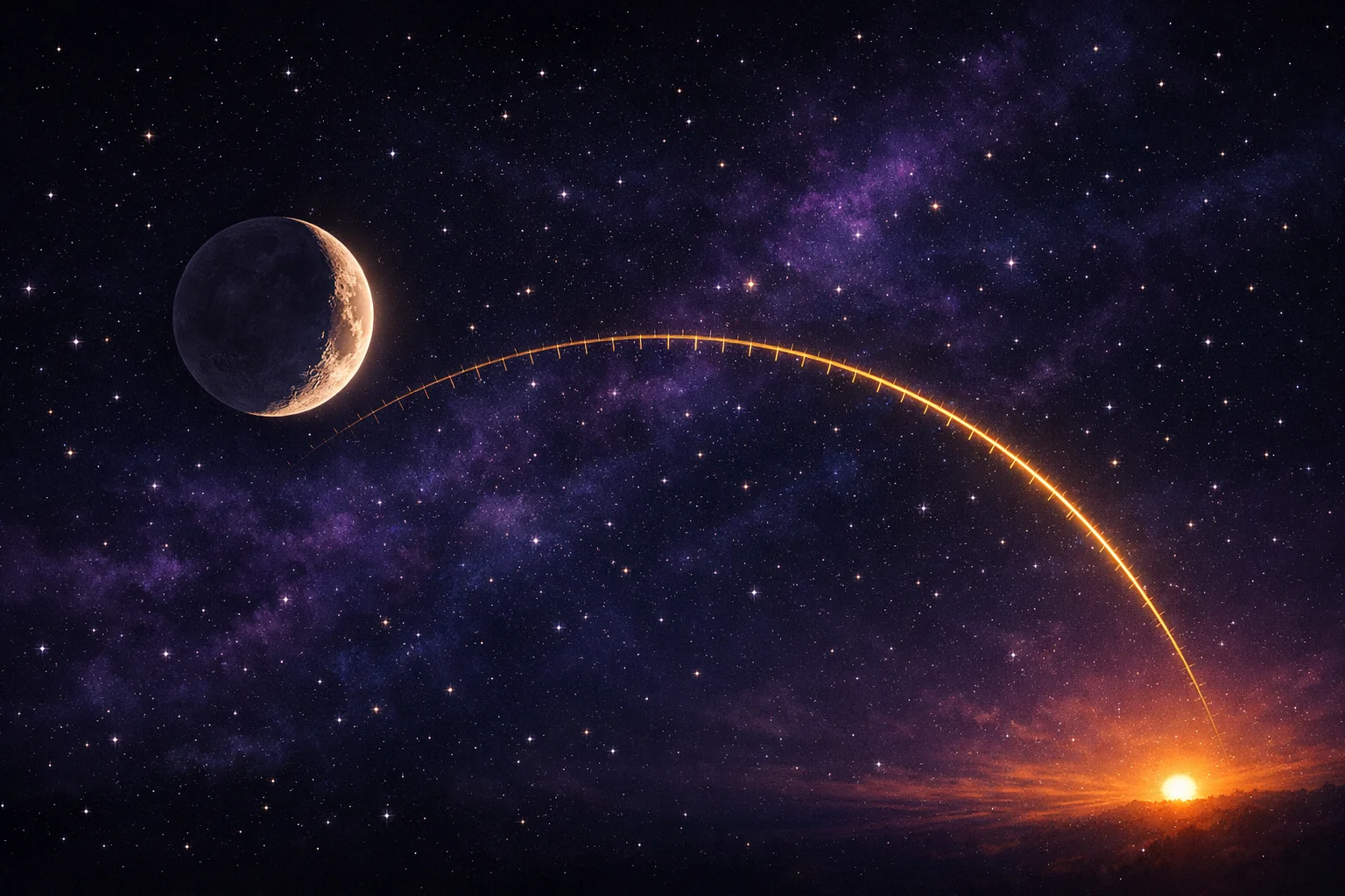 Birth moon phase calculator illustration: a crescent moon with the angular separation from the Sun drawn across a night sky