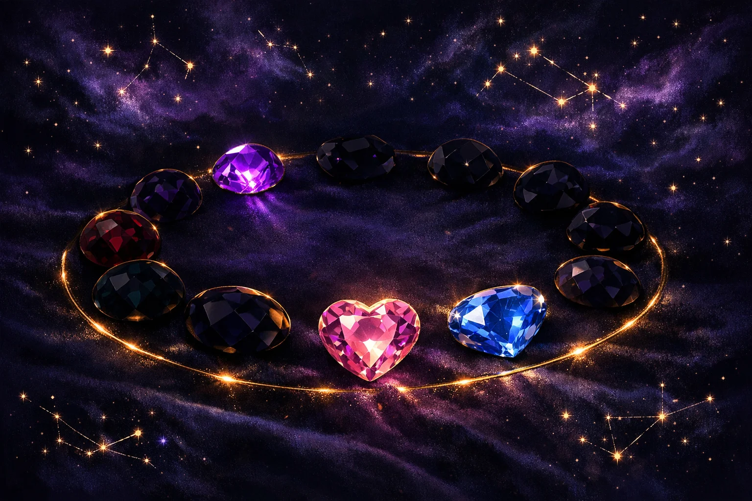 Twelve birthstones in a ring on dark velvet with three lit, comparing the modern, traditional and zodiac birthstone lists
