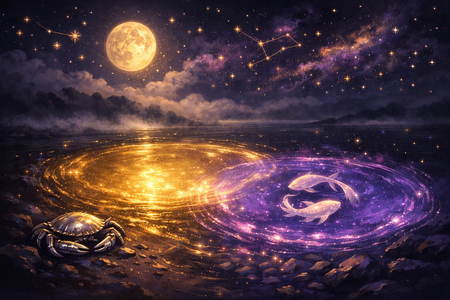 Cancer and Pisces compatibility shown as two overlapping pools of moonlit water in a foggy tidal bay at night