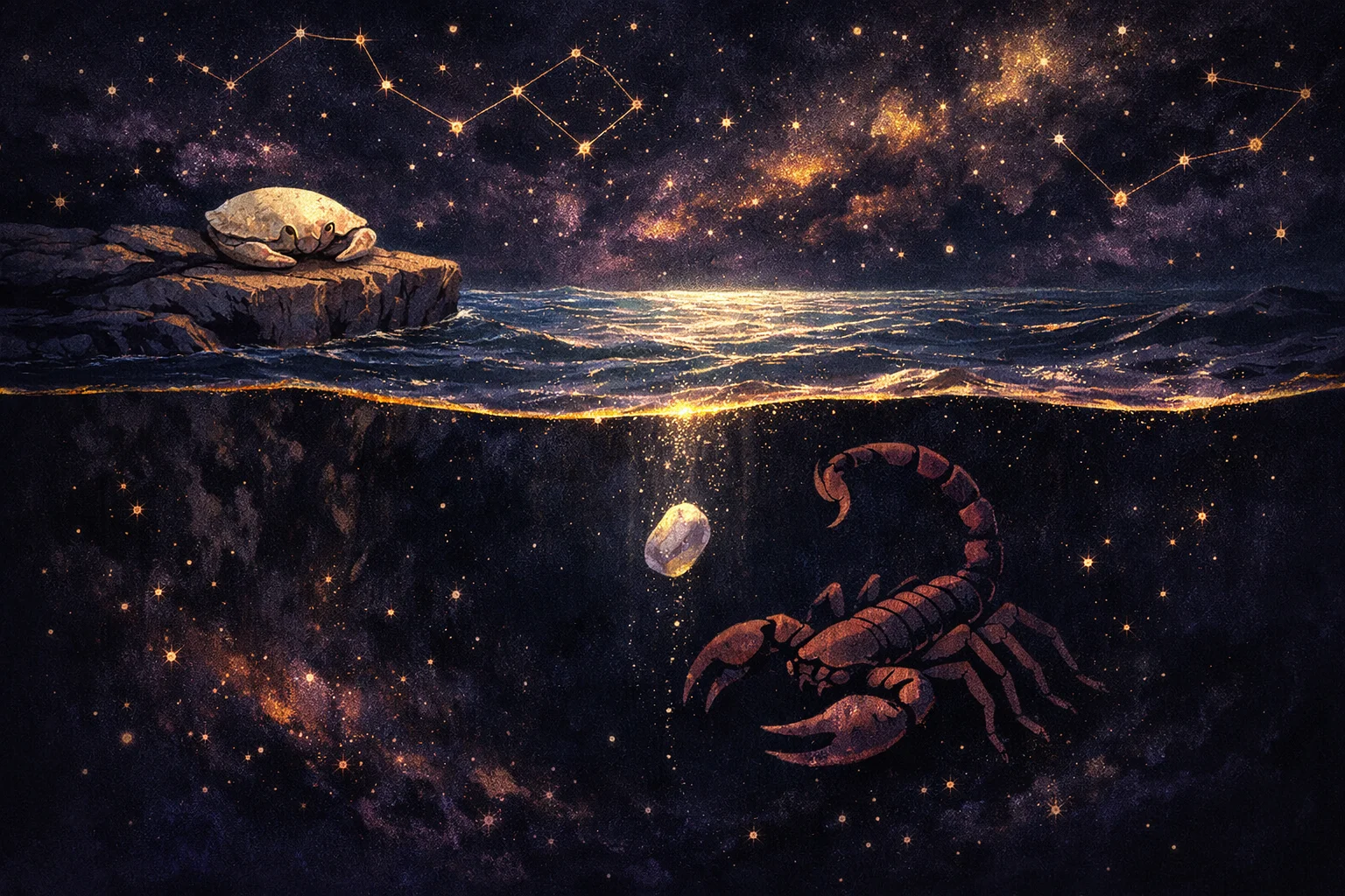 Cancer and Scorpio compatibility shown as deep water split by a cold layer with a stone sinking through