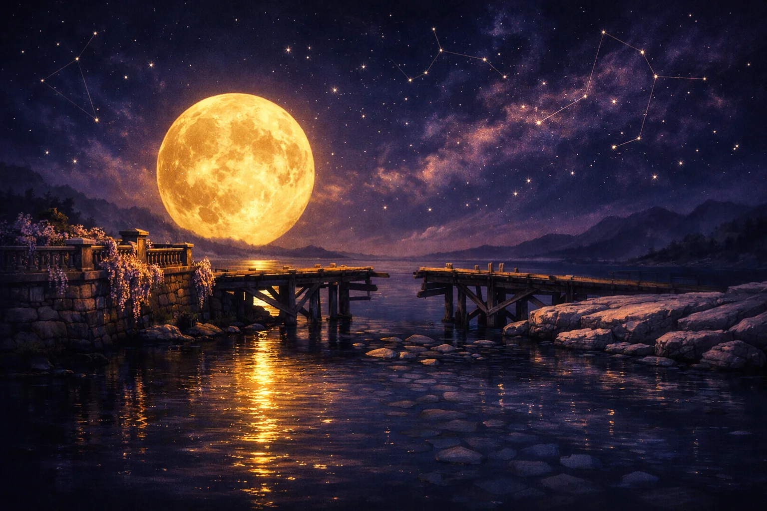 Cancer and Taurus compatibility shown as a stone pier and a water pier with an unfinished bridge between them