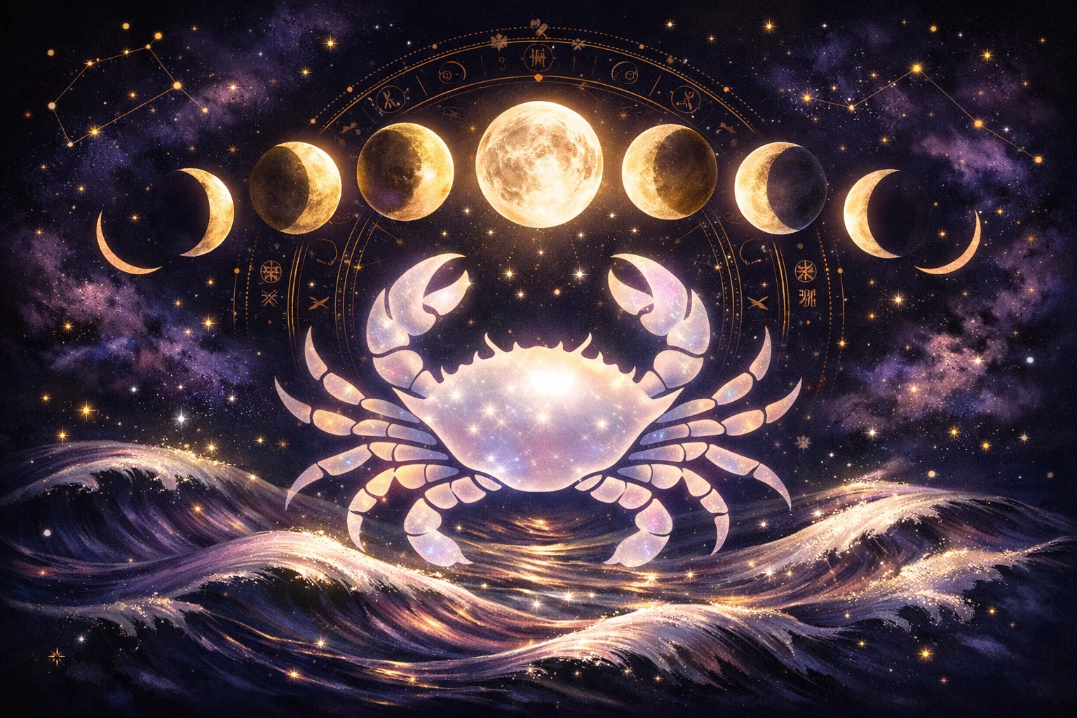 Cancer daily horoscope illustration with luminous crab silhouette under shifting moon phases and silver tidal energy
