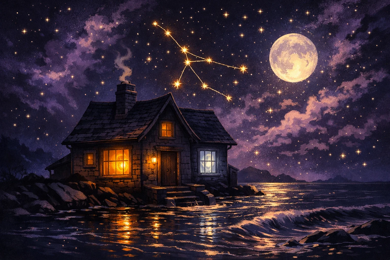 Cancer love horoscope illustration of a moonlit house on a tidal shore, hearth light in one window and moonlight in another