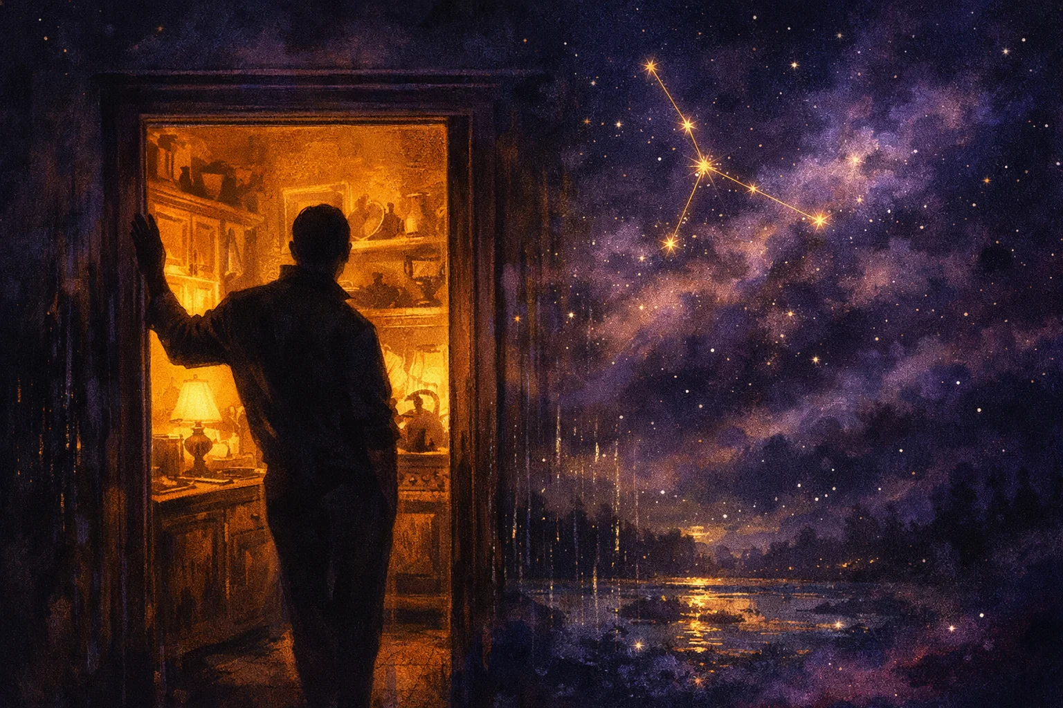 A Cancer man silhouetted in a warm lamplit kitchen doorway at night with rain on the dark window behind him