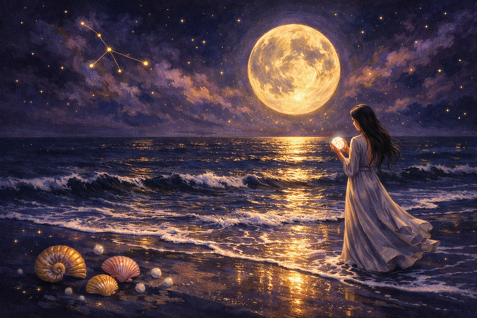 Cancer woman illustration on a moonlit shore where the tide moves both ways at once beneath the Cancer constellation