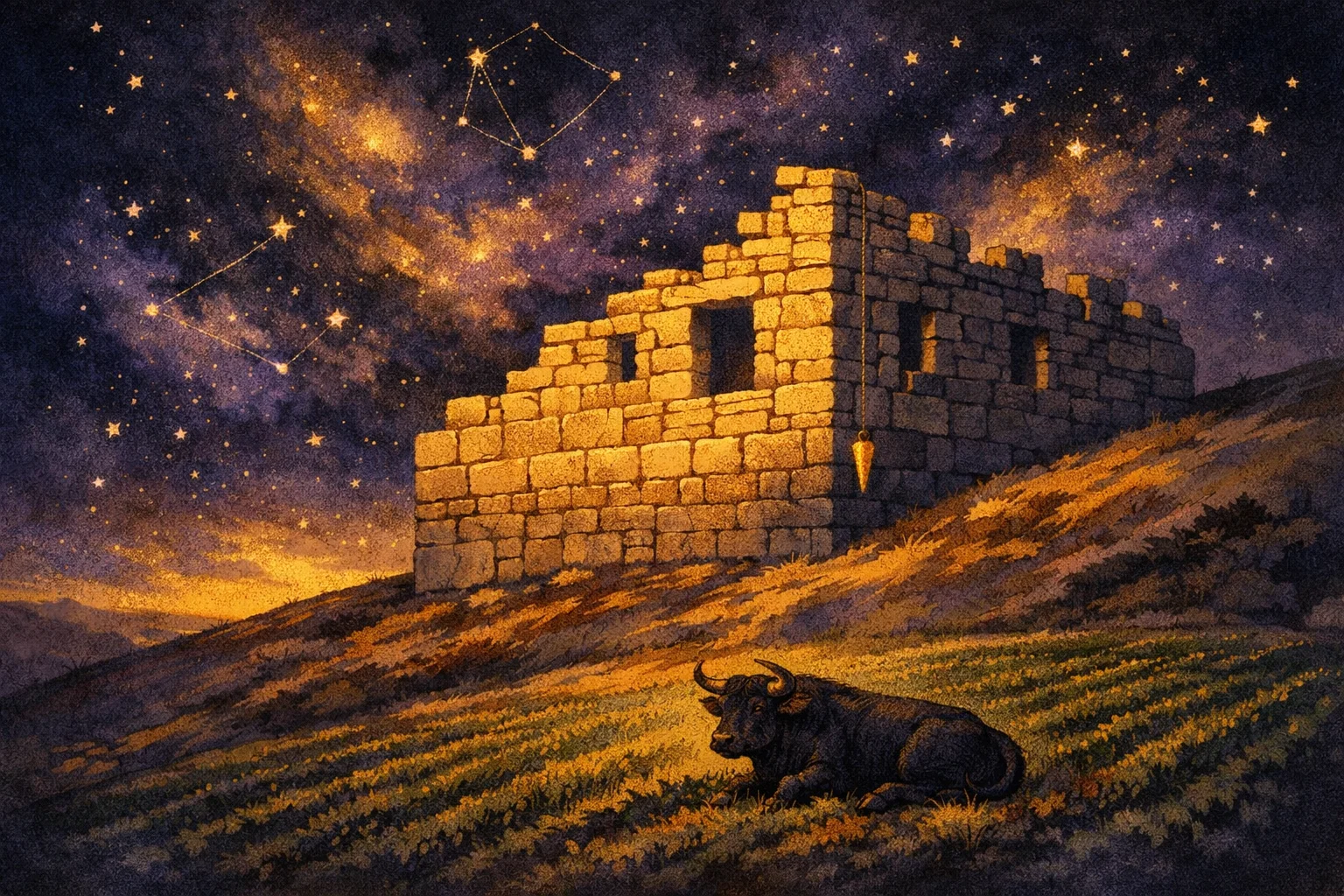 Capricorn and Taurus compatibility shown as a half built stone house on a winter hillside above a green field
