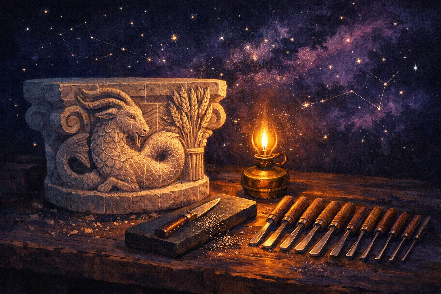 Capricorn and Virgo compatibility shown as a carved stone capital on a lamplit mason bench beside a whetstone