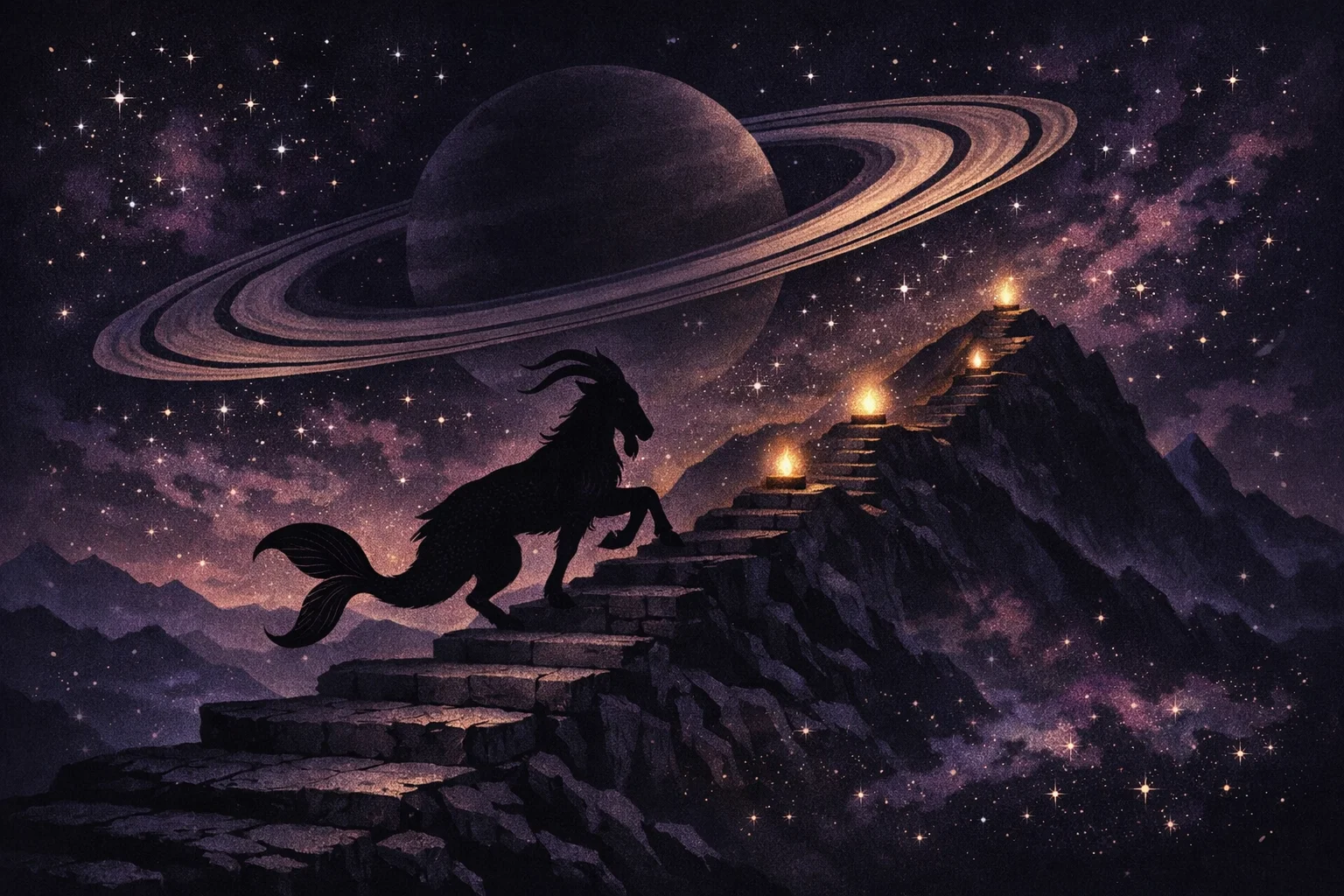 Capricorn daily horoscope illustration with sea-goat ascending a mountain under Saturn's rings at dawn with charcoal and silver starlight