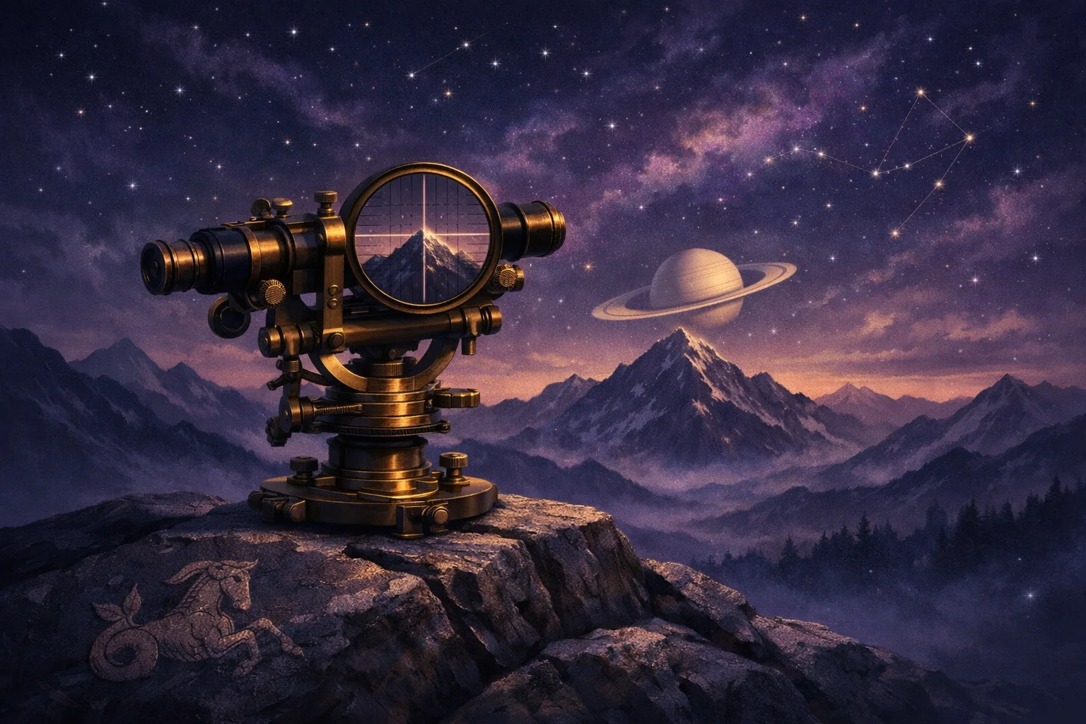 Capricorn love horoscope: a brass theodolite on a ridge splitting one peak into twelve fine graduations under a ringed Saturn