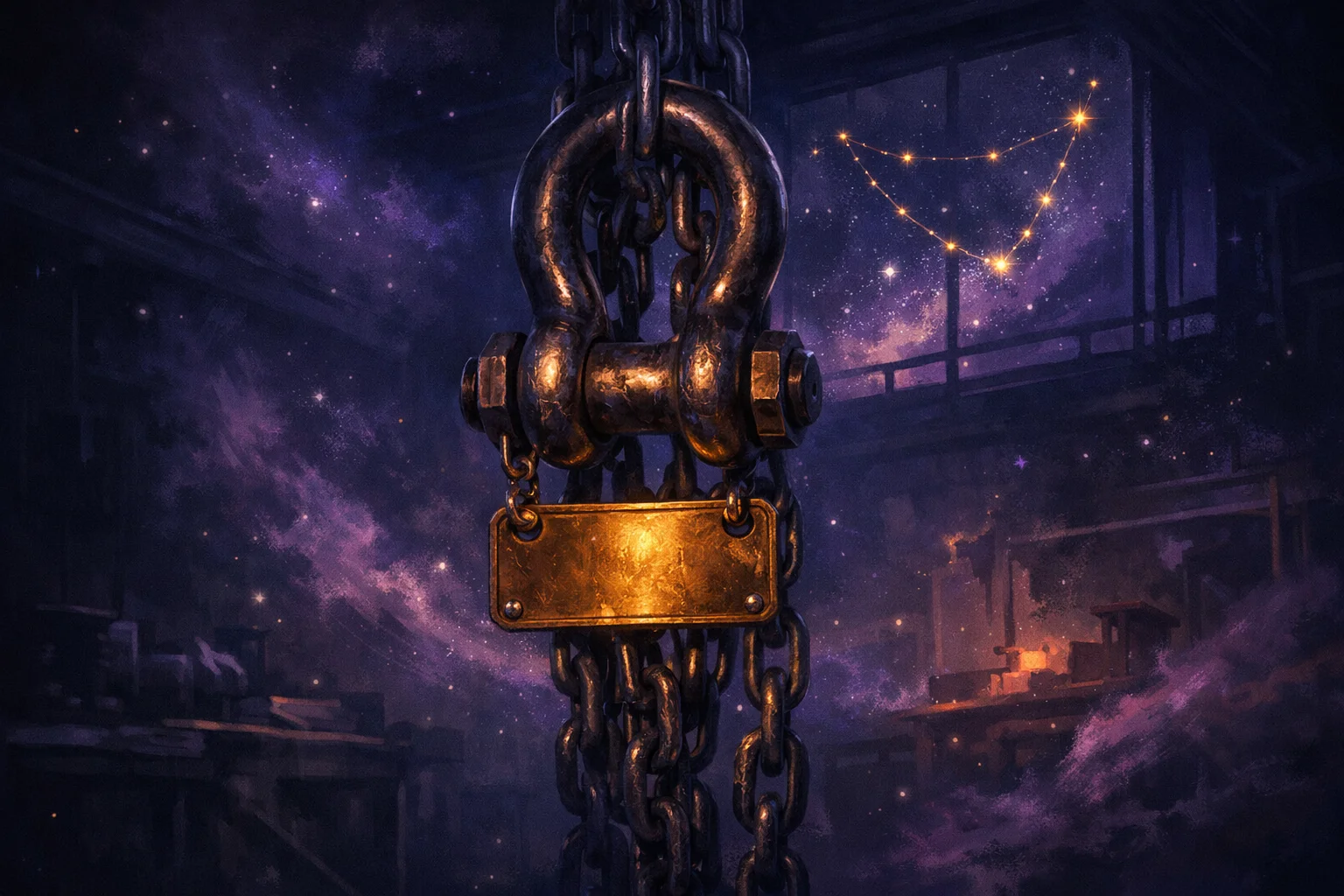 Capricorn man symbolism: a stamped steel shackle and chain with a load-rating plate hanging in a cold workshop