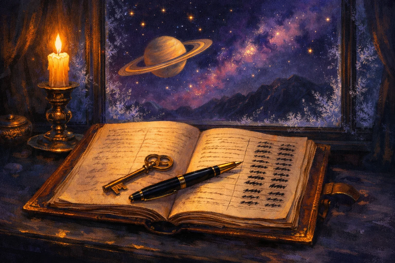 Capricorn woman traits: a ledger open on a winter desk, one column in pencil and one in permanent ink, a brass key beside it