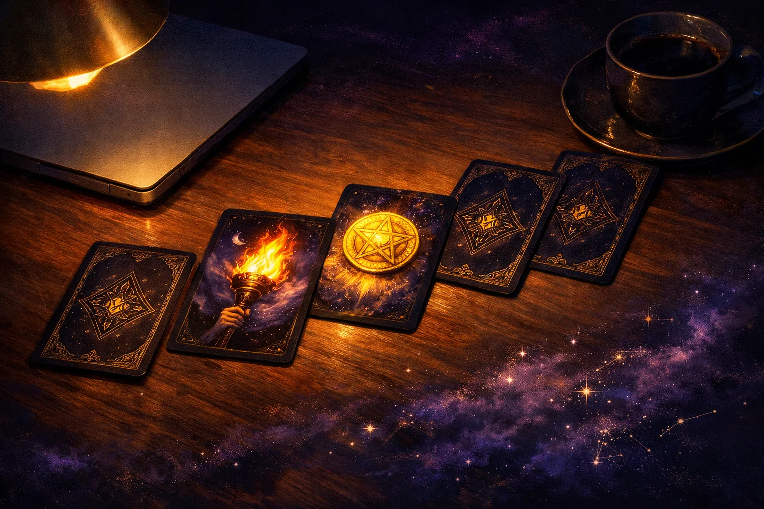 Career tarot reading spread of five cards laid diagonally across a dark desk beside a closed laptop and a cold coffee