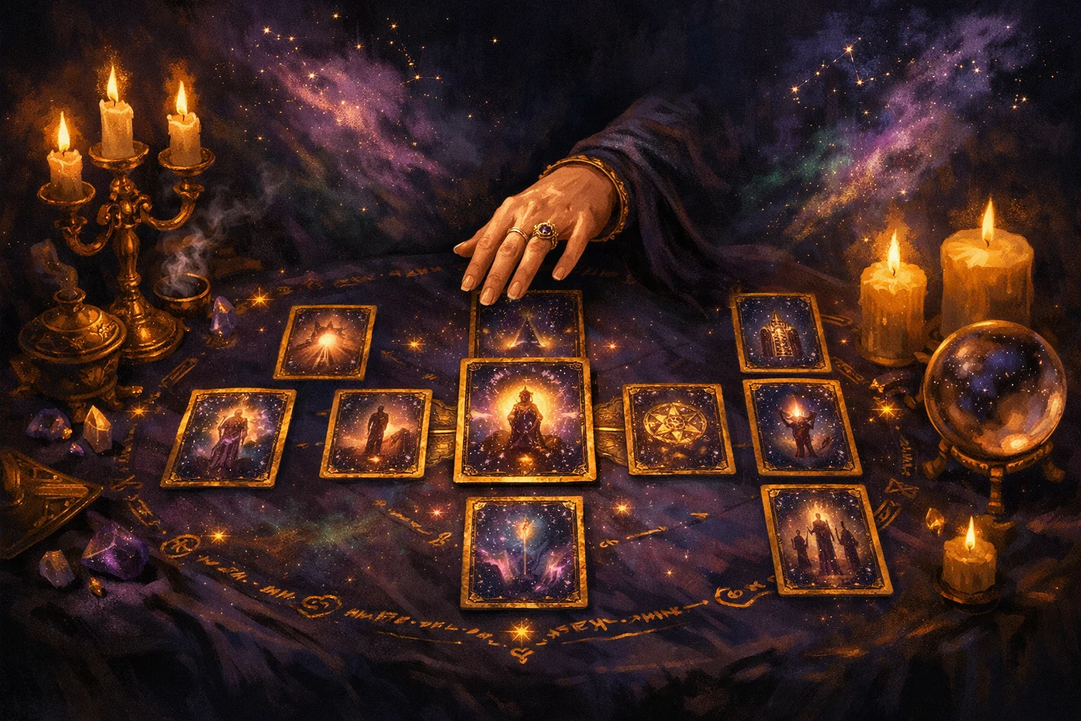 Celtic Cross tarot spread of ten cards in the cross and staff layout glowing on a candlelit reading table