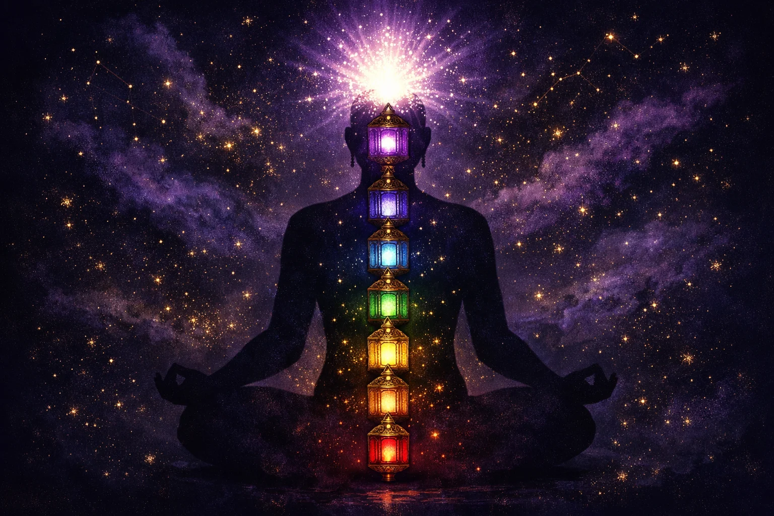 Chakra balance quiz ladder of seven chakra centers from red root to violet crown, some dimmed and one flaring