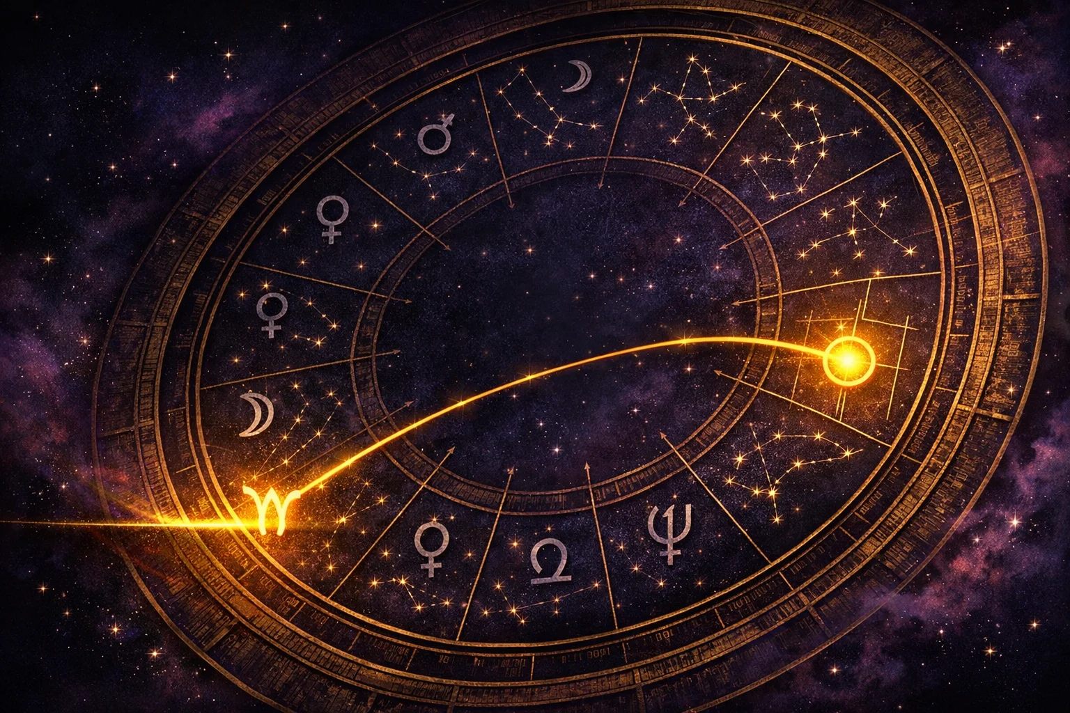 Zodiac wheel with a gold chart ruler glyph on the ascendant, threaded to the house that ruling planet occupies