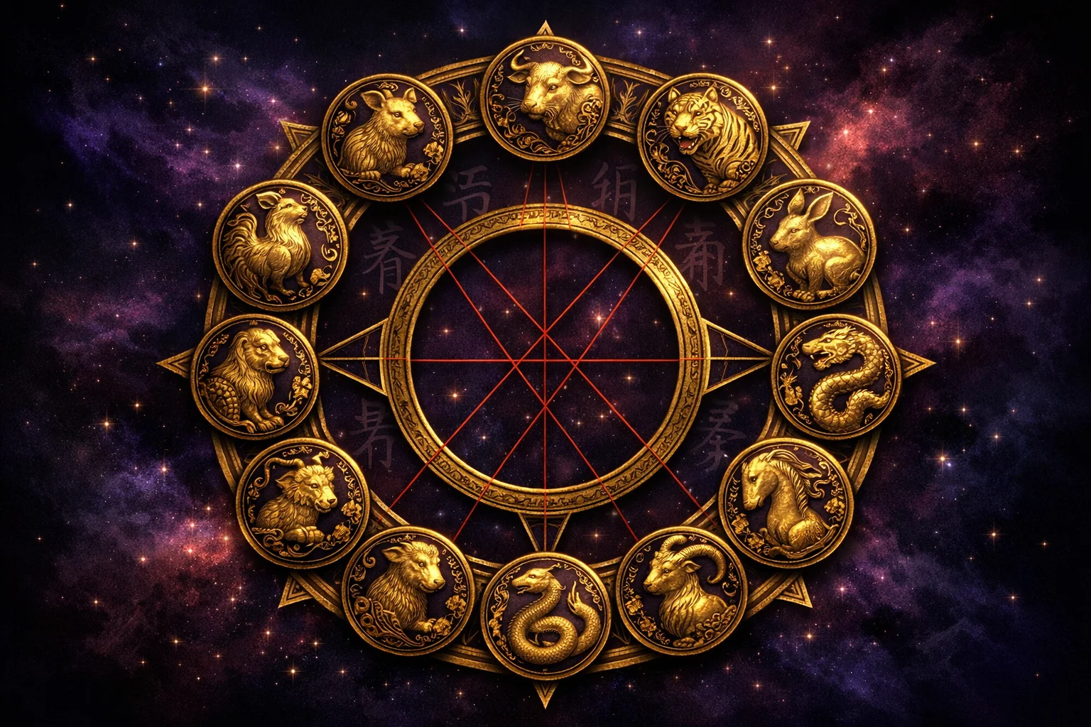 Chinese zodiac compatibility wheel with twelve animal medallions, four gold harmony trines and six red clash axes