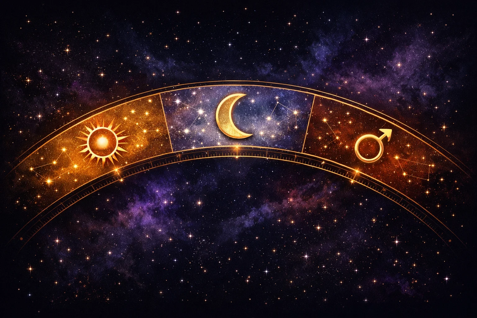A zodiac sign's 30-degree arc split into three ten-degree decan bands, each marked with a different planetary glyph