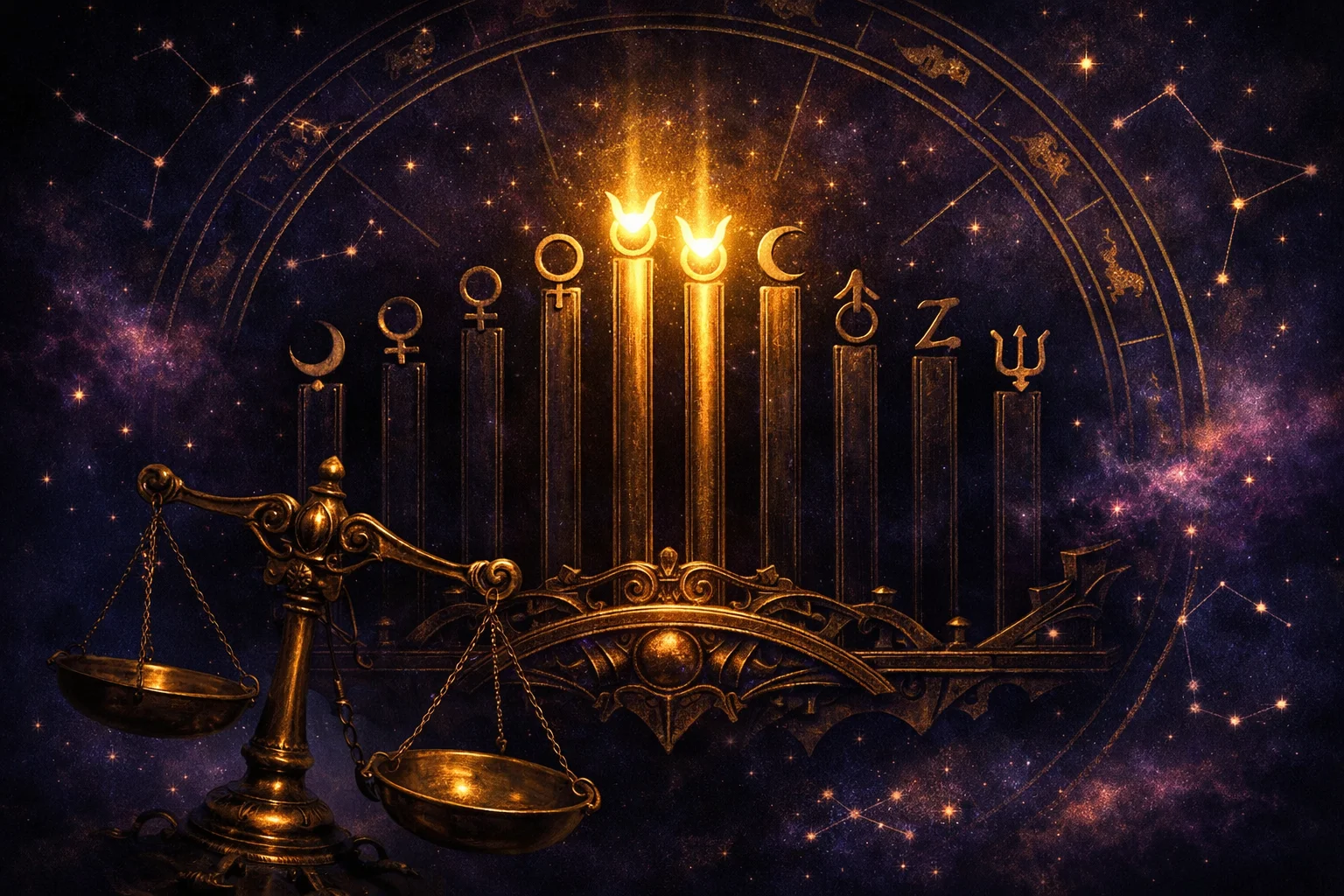 Dominant planet calculator scoreboard showing ten planetary glyphs with three tied at the top of a weighted chart