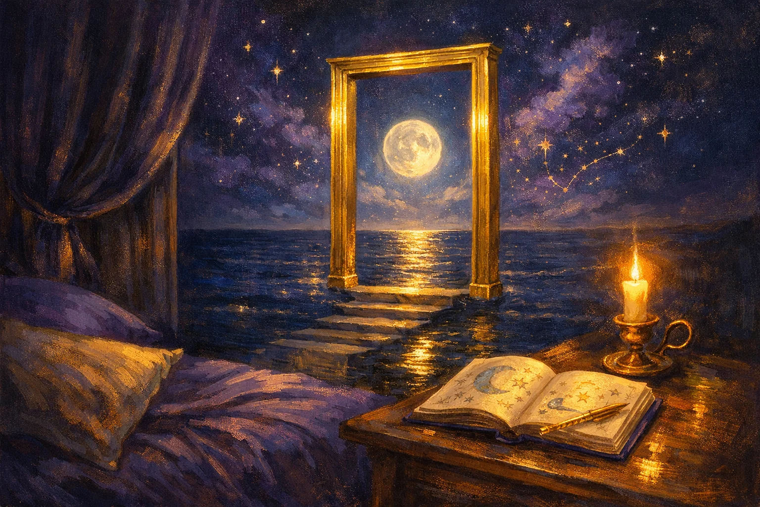 Dream interpretation scene with a moonlit bedroom, an open journal and a doorway above an indigo sea